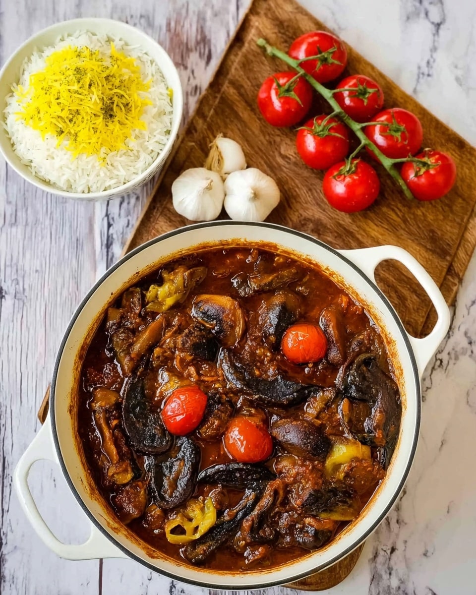 The image shows a white pot filled with a rich brown stew containing dark mushrooms, small red cherry tomatoes, and pieces of yellowish vegetable or meat. The pot sits on a white marbled surface. Next to it, on the same surface, there is a wooden board holding a bunch of red cherry tomatoes still on the vine, and two small white garlic bulbs. Above the pot, there is a white bowl filled with white rice topped with yellow shredded garnish. The overall look is warm and rustic. photo taken with an iphone --ar 4:5 --v 7