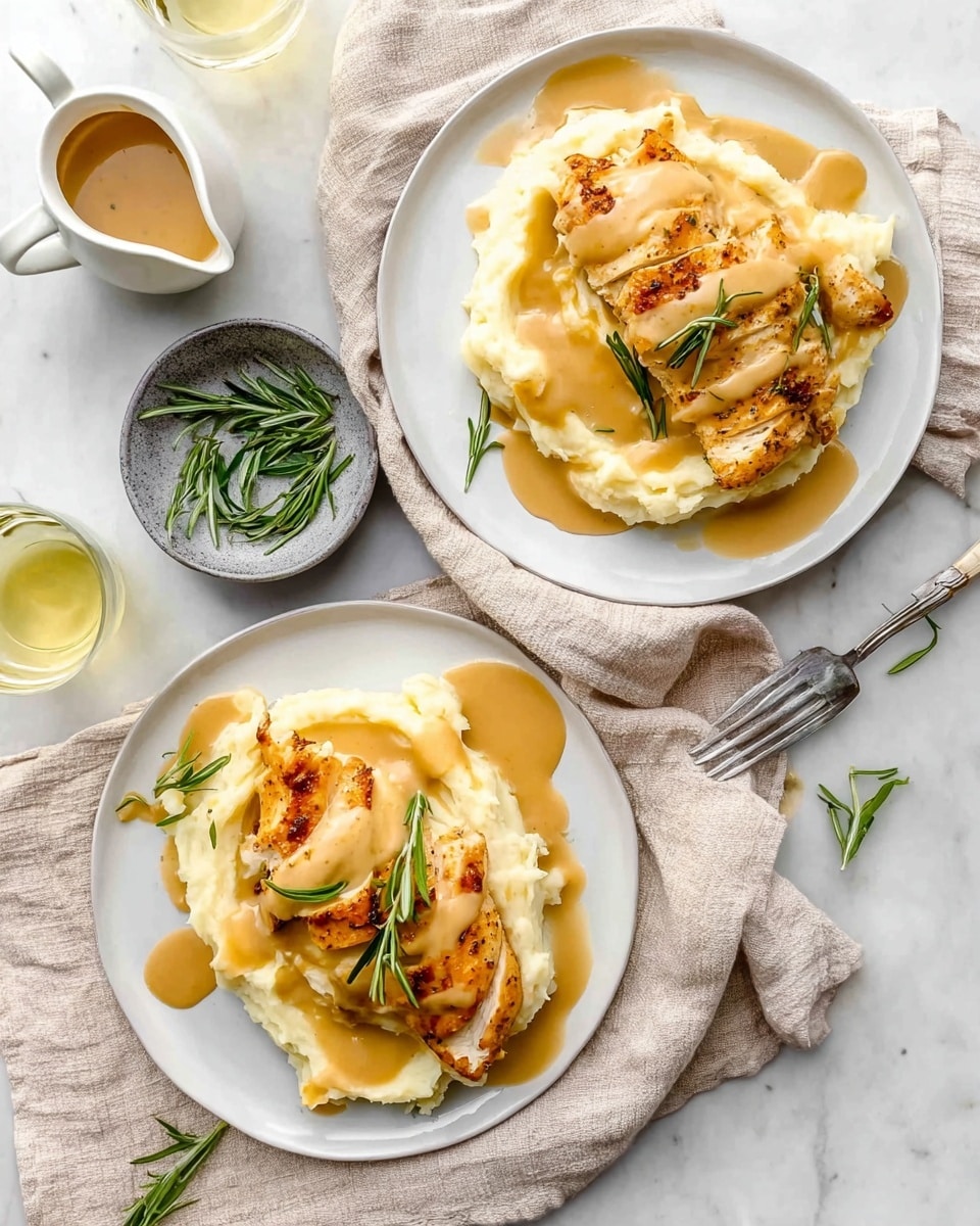 Two white plates sit on a white marbled surface with light beige cloth napkins underneath. Each plate holds a smooth, creamy layer of mashed potatoes spread in a thin, slightly curved shape. On top of the potatoes are two pieces of golden brown grilled chicken with a lightly crisp and textured surface. A thick, light tan gravy is poured over the chicken and potatoes, pooling slightly around the edges of the layers. Small sprigs of fresh green rosemary are scattered on top and around the plates, adding a touch of color. Nearby, a small gray bowl contains more rosemary, and a white gravy boat holds extra sauce. Two glasses with light yellow liquid are placed near the plates. photo taken with an iphone --ar 4:5 --v 7