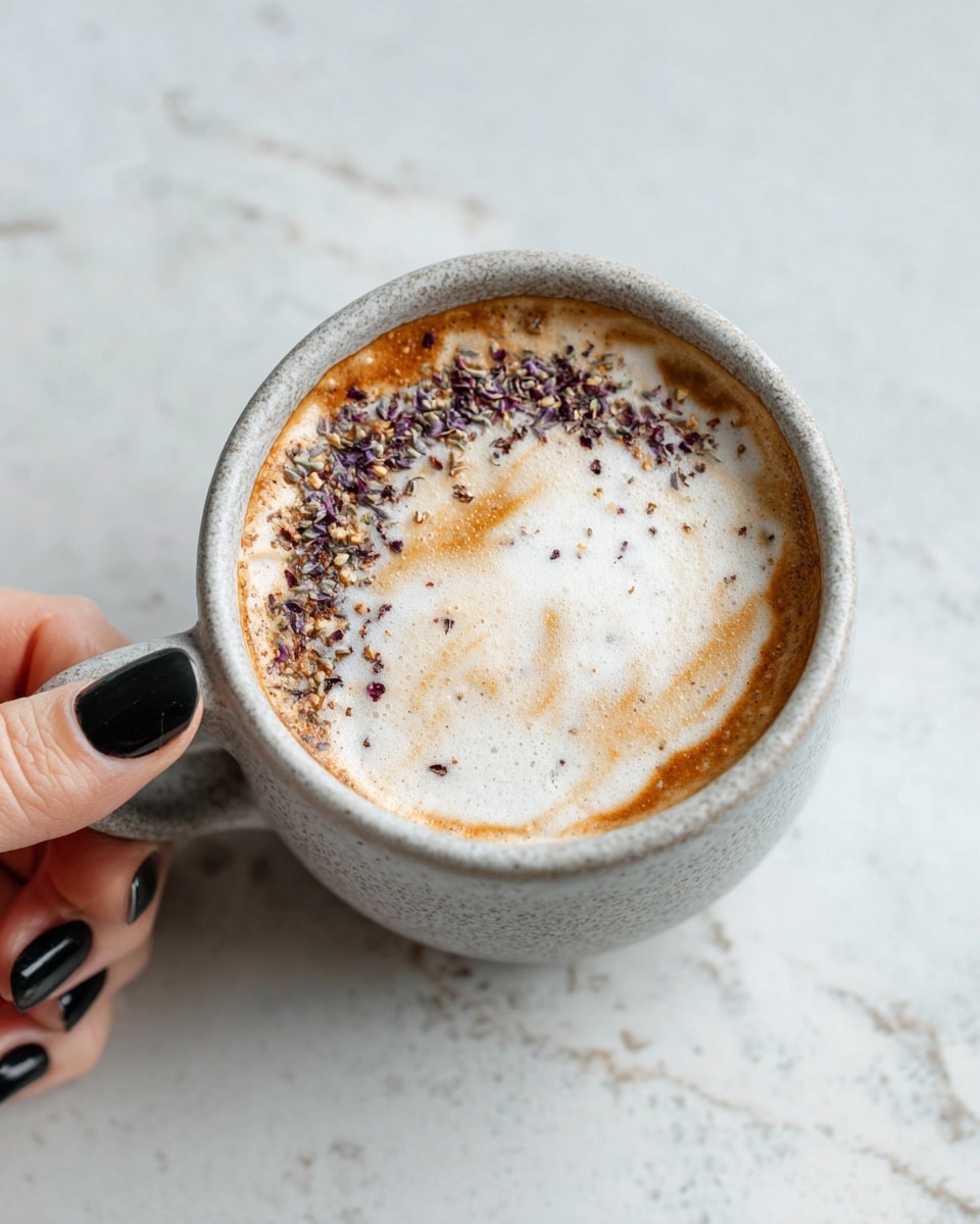 A close-up view of a white mug filled with a creamy light brown coffee drink. The surface shows a thick layer of frothy white foam with a creamy beige layer beneath it. Scattered on top of the foam are small, dried lavender buds in shades of brown and purple, arranged loosely in a line near the center. The mug is resting on a white marbled surface, with part of the handle visible on the left side of the image. The lighting highlights the smooth texture of the foam and the roughness of the lavender buds. Photo taken with an iphone --ar 4:5 --v 7