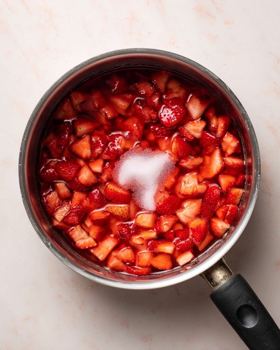 A top view of a metal saucepan filled with chopped strawberries soaked in clear liquid, mixed with some white granulated sugar in the center. The strawberries are cut into small pieces and spread evenly around the saucepan's inside, showing their bright red color and juicy texture. The saucepan handle is black, extending outward, resting on a white marbled surface photo taken with an iphone --ar 4:5 --v 7