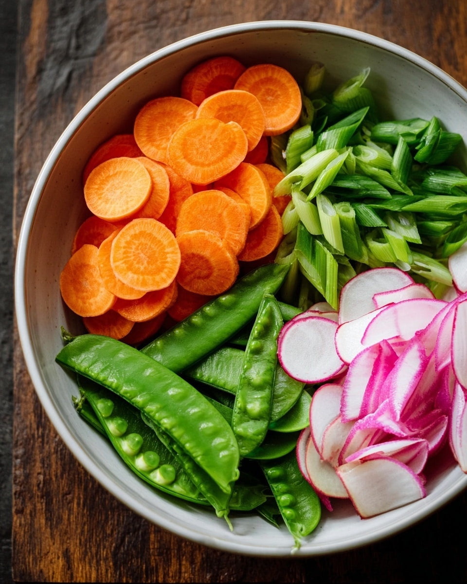 A white bowl holds four groups of fresh vegetables arranged side by side, each forming a different vibrant layer. The top left layer has orange carrot slices, neatly stacked with visible round edges. The top right layer shows green sliced scallions with a crisp texture. The bottom right layer contains thin, pale pink and white radish slices arranged in a small pile. The bottom left layer is made up of whole bright green sugar snap peas with some pods slightly open, showing seeds inside. The bowl sits on a dark wooden surface. photo taken with an iphone --ar 4:5 --v 7