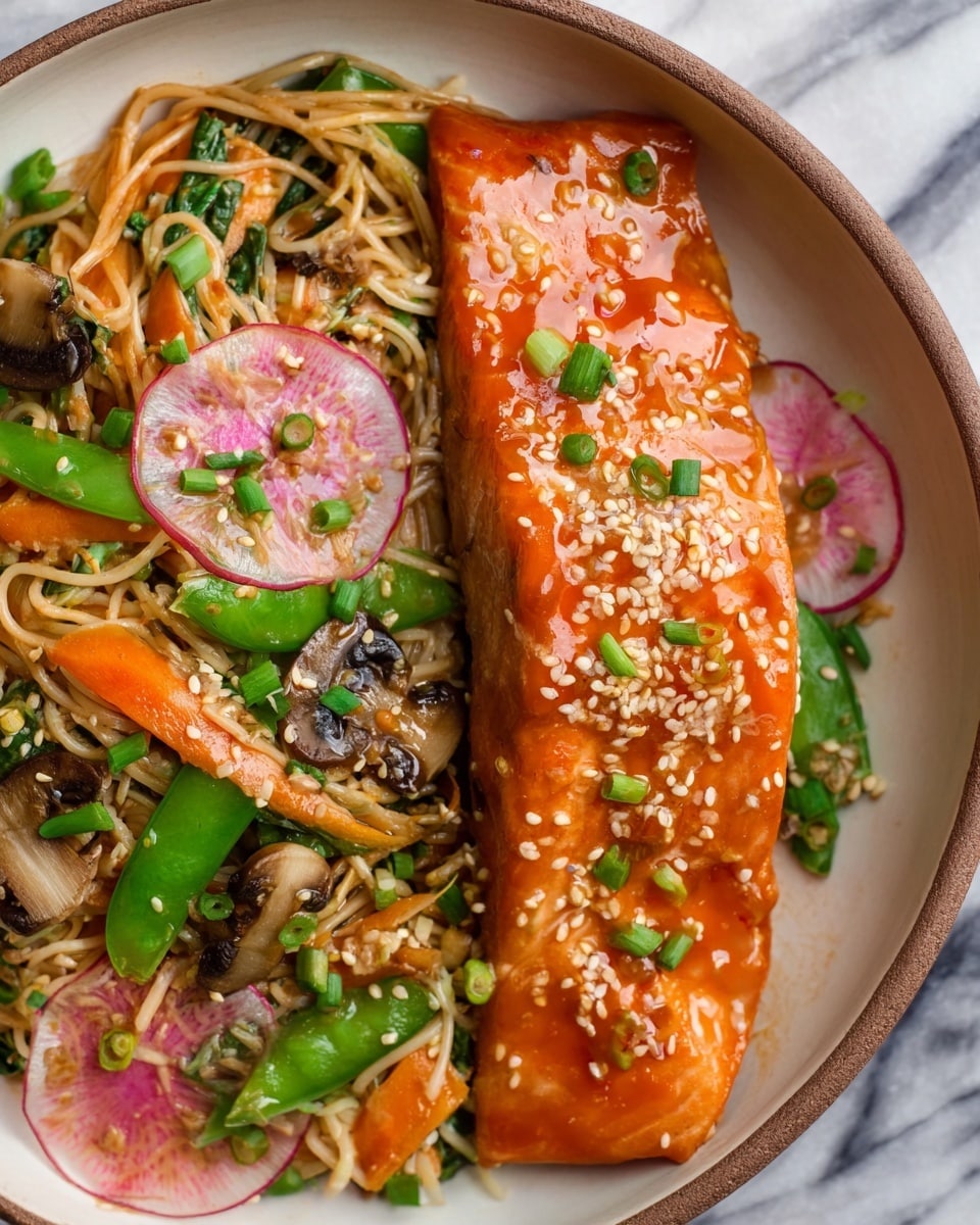 A white bowl holds a piece of glazed salmon fillet, bright orange with a shiny texture, placed on the right side. The salmon is sprinkled with light brown sesame seeds and small green chopped scallions. On the left side, there is a mix of thin noodles with slices of orange carrot, green snap peas, thin radish slices with pink edges, and brown mushroom pieces, all coated lightly and scattered with sesame seeds and scallions. The background is a white marbled surface. Photo taken with an iphone --ar 4:5 --v 7