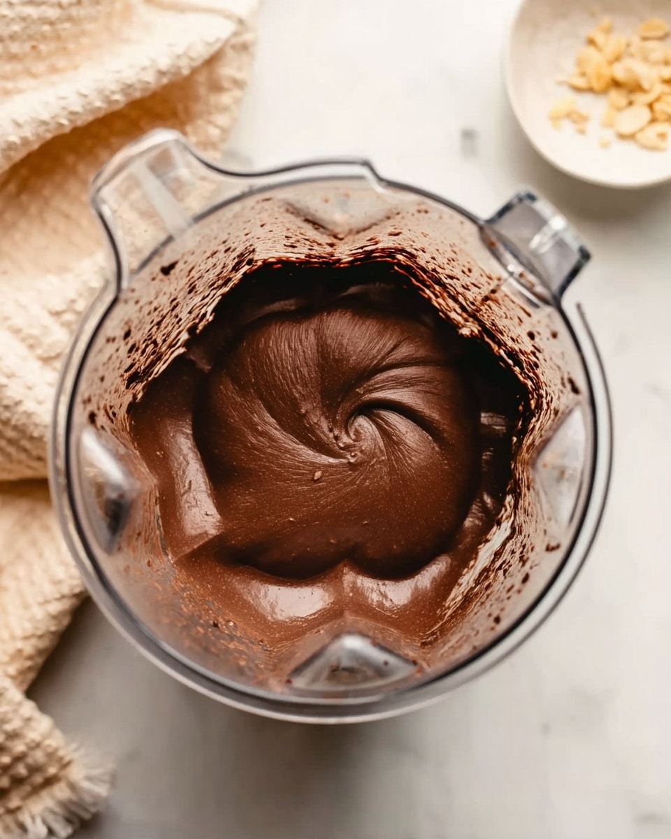The image shows a clear blender viewed from above, filled with smooth, thick chocolate mixture that is dark brown in color. The chocolate has a creamy texture with soft swirls in the center, and some small bits are lightly splattered on the inside walls of the blender. The white marbled surface around the blender is visible, along with a beige cloth and part of a white textured bowl nearby. The scene has soft, natural lighting that highlights the rich chocolate texture photo taken with an iphone --ar 4:5 --v 7