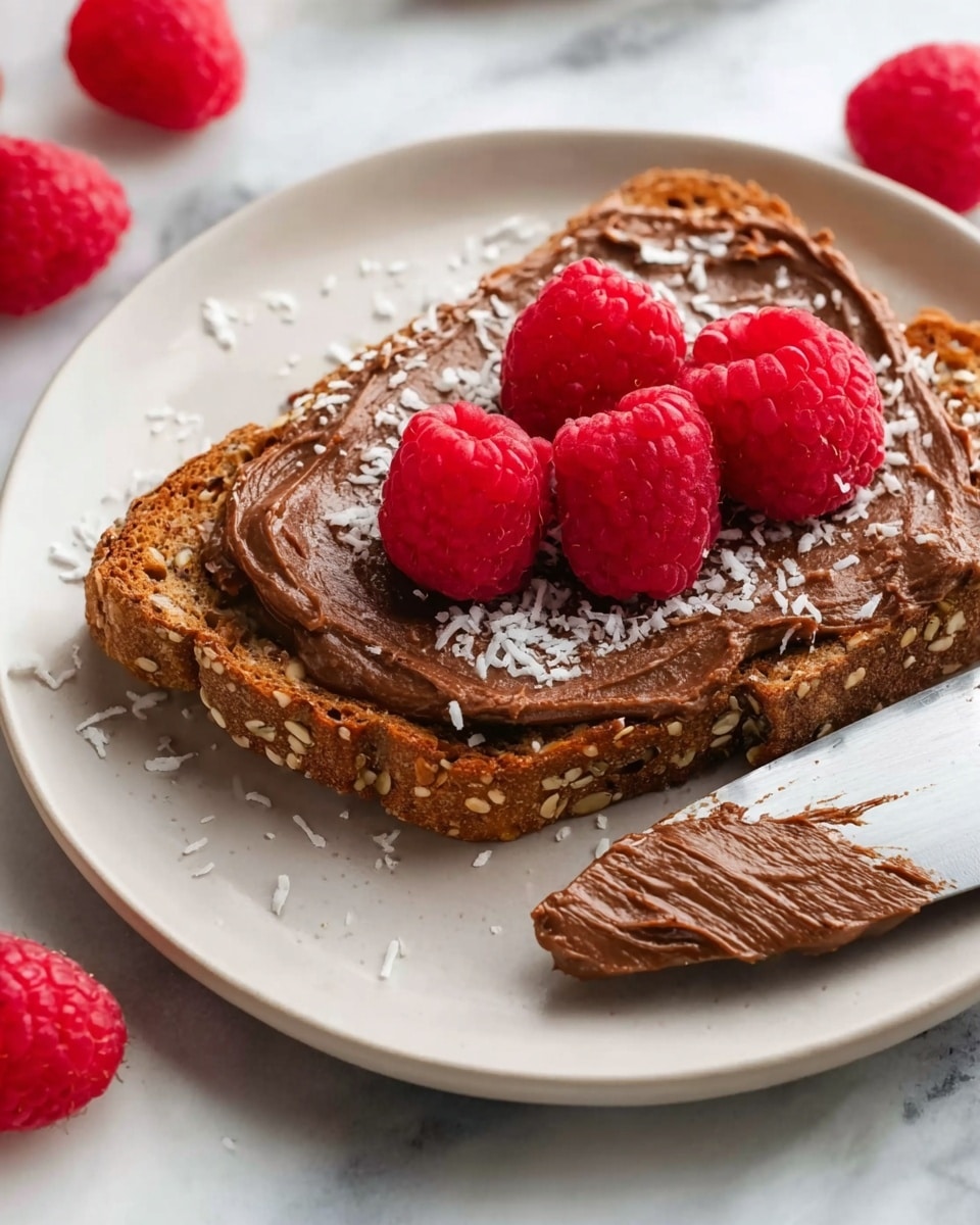 A white plate holds a single slice of multigrain toast with visible seeds and a rough texture. The toast is evenly spread with a thick layer of smooth, chocolate-brown spread. On top of the spread, three bright red raspberries are placed in a row, each showing a bumpy surface and fresh appearance. A metal knife with more of the chocolate spread rests beside the toast on the plate, with some coconut flakes scattered over the spread and toast, adding a fine white texture. The background features a white marbled surface with a few loose raspberries around the plate. photo taken with an iphone --ar 4:5 --v 7