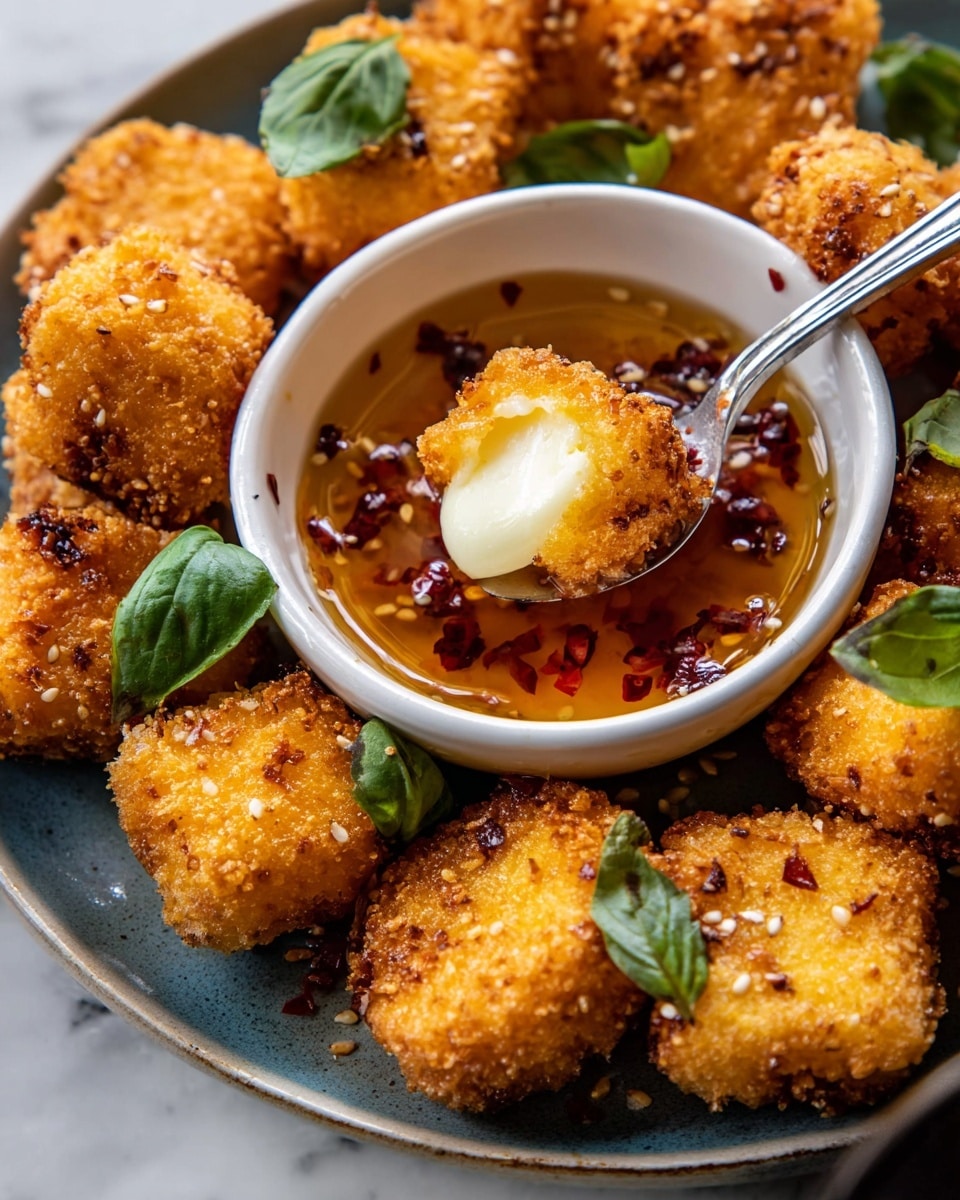 A close-up of golden-brown fried cheese bites with a crispy, crumbly texture, arranged on a white plate. The cheese bites are sprinkled with sesame seeds and scattered green basil leaves add color contrast. In the center is a small white bowl filled with a glossy, amber-colored dipping sauce with red chili flakes floating on top. A silver spoon is dipping one cheese bite into the sauce, showing its soft, melted white cheese inside. The whole scene sits on a white marbled surface. photo taken with an iphone --ar 4:5 --v 7