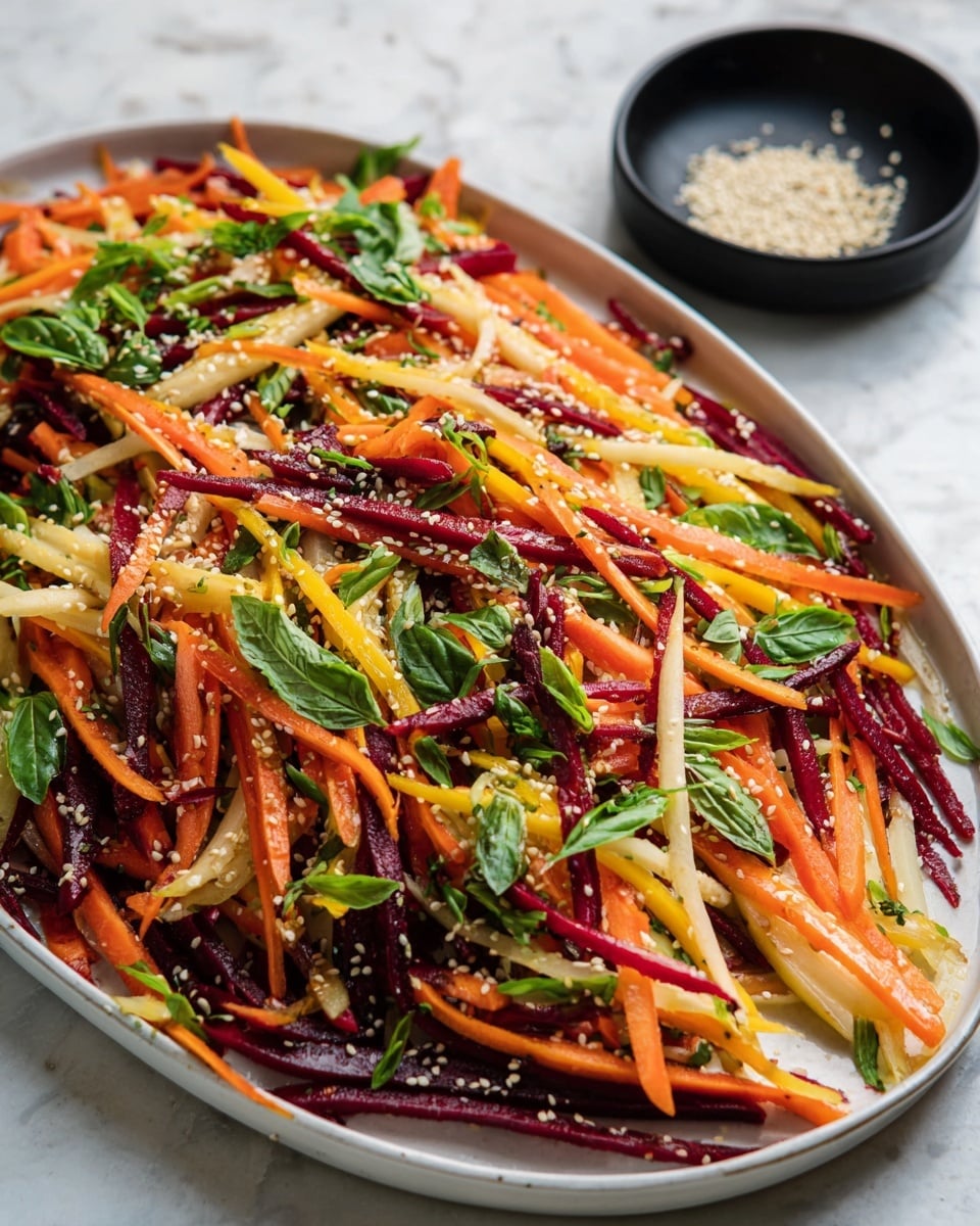 A large white oval plate is filled with a colorful salad made of thin, long strips of orange carrots, deep red and yellow beets, and light beige jicama or similar root vegetable. Fresh green herbs like basil and sliced green onions are scattered on top. White sesame seeds are sprinkled evenly over the salad, adding texture. Behind the plate, there is a small black bowl with sesame seeds sitting on a white marbled surface. The salad looks fresh, crisp, and vibrant. photo taken with an iphone --ar 4:5 --v 7