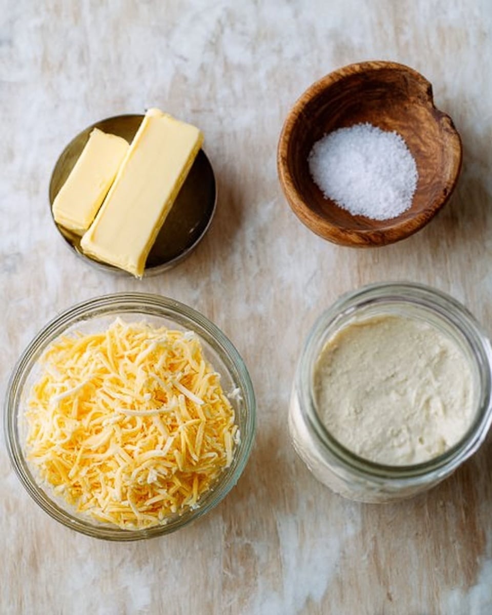The image shows a small glass bowl with two yellow butter sticks, a metal measuring cup filled with shredded yellow cheese, a small round wooden bowl with white salt, and a large glass jar with some white thick batter inside, all placed on a white marbled surface. The cheese looks finely shredded and fills the measuring cup completely. The butter sticks are smooth and neatly arranged in the glass bowl. The salt in the wooden bowl is coarse and centered. The glass jar shows some spread on the inside near the top, revealing the texture of the batter inside. photo taken with an iphone --ar 4:5 --v 7