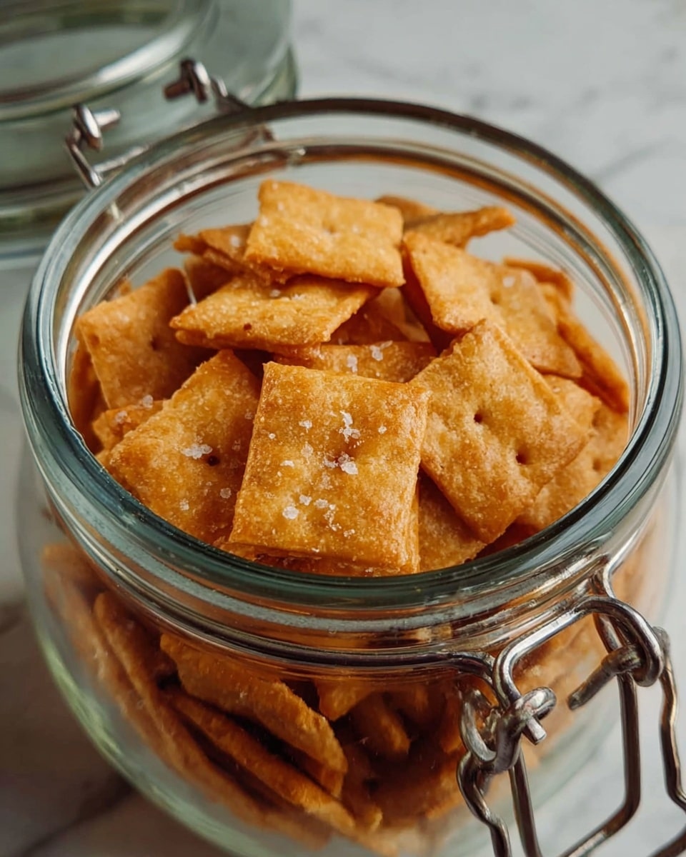 A clear glass jar filled with many square-shaped, golden brown crackers that appear crunchy with small salt crystals on top. The crackers have a slightly rough texture and are stacked closely together inside the jar, which is open with the metal clasp visible at the jars' opening. The background has a white marbled texture. photo taken with an iphone --ar 4:5 --v 7