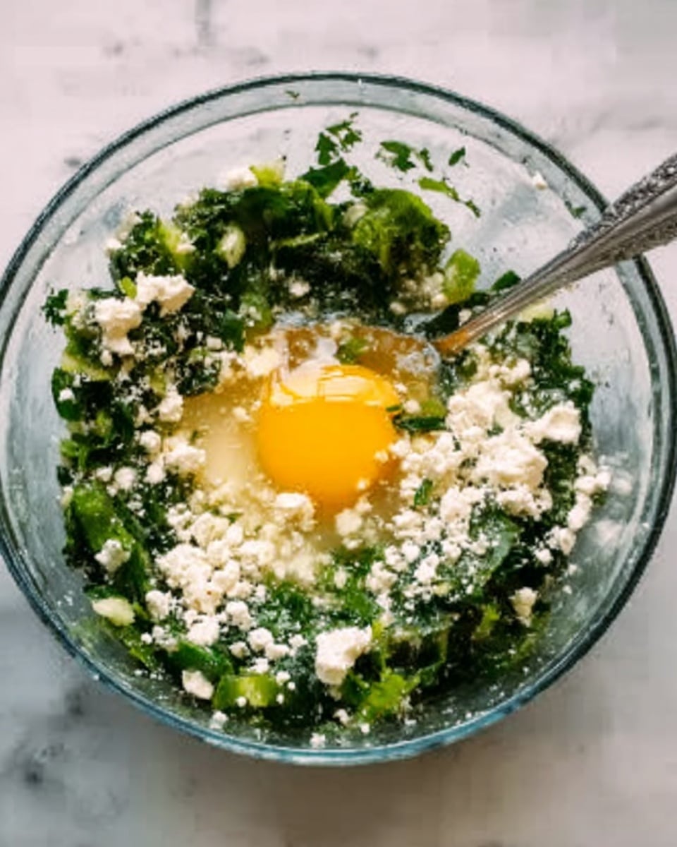 A clear glass bowl sits on a white marbled surface filled with green chopped vegetables and crumbled white cheese, with a raw egg yolk in the middle sitting on top. The ingredients have a fresh and natural look, showing the different textures of soft cheese, leafy greens, and smooth egg yolk. There is a silver spoon on the right side inside the bowl, ready for mixing. Photo taken with an iphone --ar 4:5 --v 7