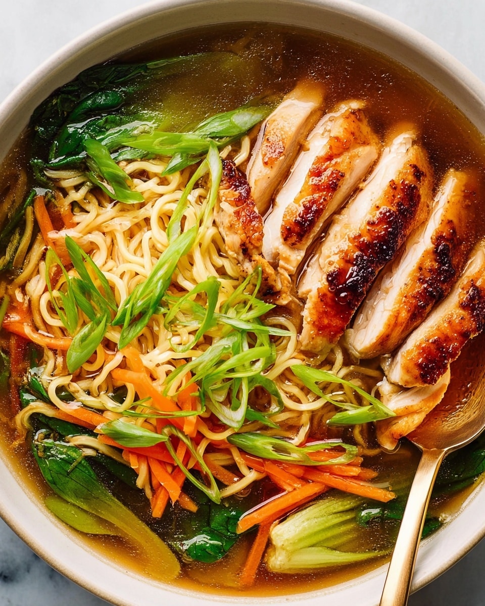 A warm bowl filled with three layers: the bottom layer has light yellow noodles tangled together, the middle layer shows thin orange carrot strips and green leafy vegetables mixed with the noodles in a clear brown broth, and the top layer displays sliced golden-brown cooked chicken with light char marks, garnished with fresh bright green sliced scallions. A brass spoon is partially visible on the right side of the bowl. The bowl is white, sitting on a white marbled surface. Photo taken with an iphone --ar 4:5 --v 7