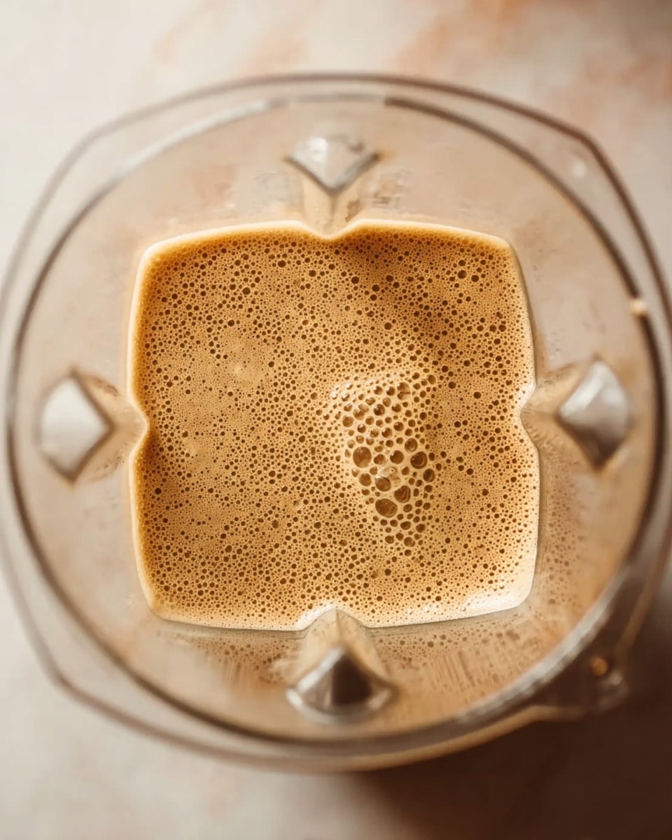 The image shows a close-up top view of a blender jar on a white marbled surface, filled with a light brown, frothy liquid with small bubbles covering the surface. The blender jar is clear with visible edges and corners, and the blender blade base is faintly visible at the bottom. The scene is softly lit, highlighting the texture of the frothy mixture inside the jar. Photo taken with an iphone --ar 4:5 --v 7