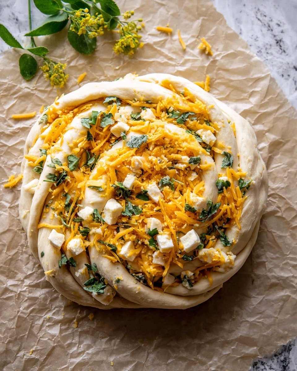 A round, twisted dough spiral is shown with three visible layers of soft, pale dough intertwined. Between and on top of the dough layers, there are generous amounts of shredded bright orange cheese and small white cheese cubes mixed with green chopped herbs evenly scattered. The dough and cheese mix sits on crinkled parchment paper with a sprig of green leaves and small yellow flowers placed near the top left corner. The background features a white marbled texture. Photo taken with an iphone --ar 4:5 --v 7