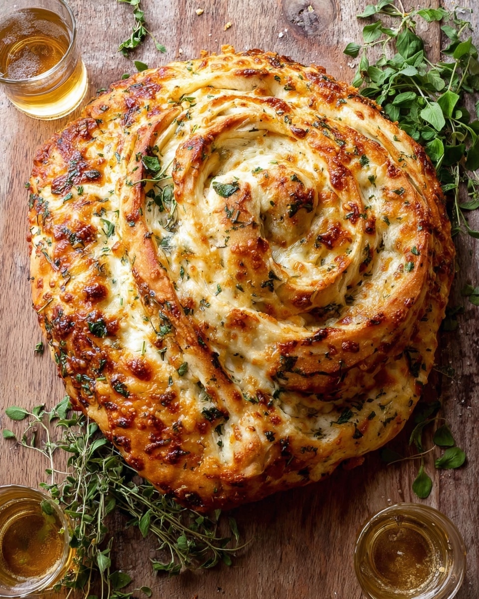 A large, round, spiral-shaped bread with multiple layers that show a mix of golden brown, light yellow, and creamy white melted cheese baked into the dough, sprinkled with small green herbs all over the top. The bread's surface is textured with crispy edges and browned cheesy spots, with some fresh green herb sprigs placed on and around it. It sits directly on a natural wooden surface with two clear glasses filled with a light golden drink nearby, and additional green herb leaves scattered around. Photo taken with an iphone --ar 4:5 --v 7