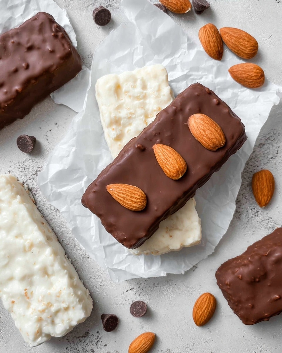 The image shows several rectangular snack bars placed on crumpled white parchment paper over a white marbled surface. Some bars are coated fully in smooth milk chocolate with a slightly shiny, soft texture and small bumps underneath the chocolate surface. Other bars are white, textured like a soft nougat, and topped with three whole almonds evenly spaced across the top. Scattered around the bars are whole almonds and a few milk chocolate chips, adding extra detail to the scene. photo taken with an iphone --ar 4:5 --v 7