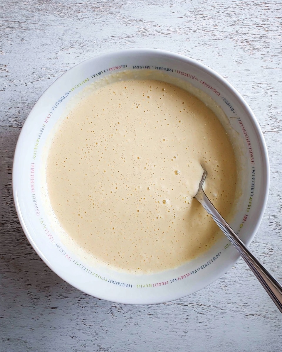 A white bowl with small colorful text around the rim holds a smooth, light beige batter with small bubbles on the surface. A silver spoon is placed inside the batter on the right side, resting against the bowl. The bowl is on a white marbled texture surface. photo taken with an iphone --ar 4:5 --v 7