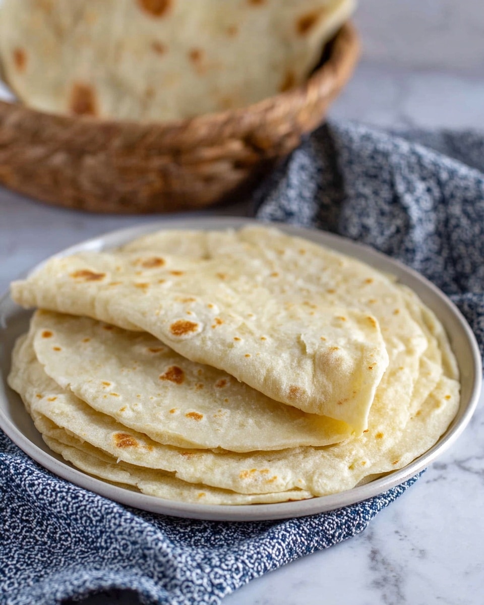 A stack of three round flatbreads sits on a white plate; the bottom two are flat and light beige with small bubbles and some golden-brown spots, while the top one is gently folded in half, showing a soft and slightly porous texture inside. The plate rests on a blue and white patterned cloth, and in the background, more flatbreads are visible inside a basket. The whole scene is set on a white marbled surface, creating a clean and simple look. photo taken with an iphone --ar 4:5 --v 7