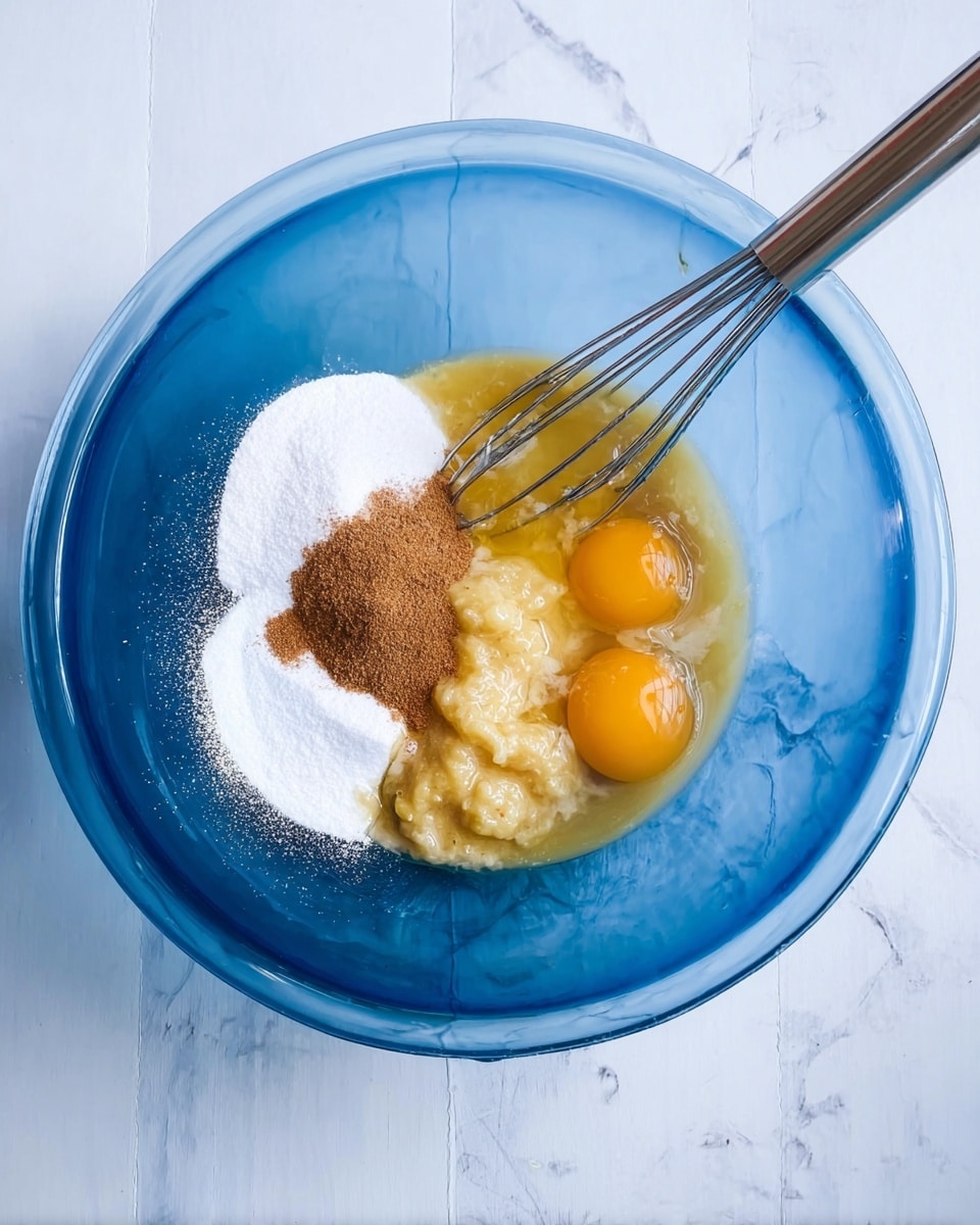 A big clear blue bowl sits on a white marbled surface. Inside the bowl, there are five different layers in soft piles: a layer of white sugar on the left and bottom, a small line of brown cinnamon on the left next to the sugar, two raw egg yolks on the right, some light yellow mashed banana in the middle, and a clear liquid layer partially covering the banana and eggs on top. A metal whisk rests inside the bowl on the right side. photo taken with an iphone --ar 4:5 --v 7