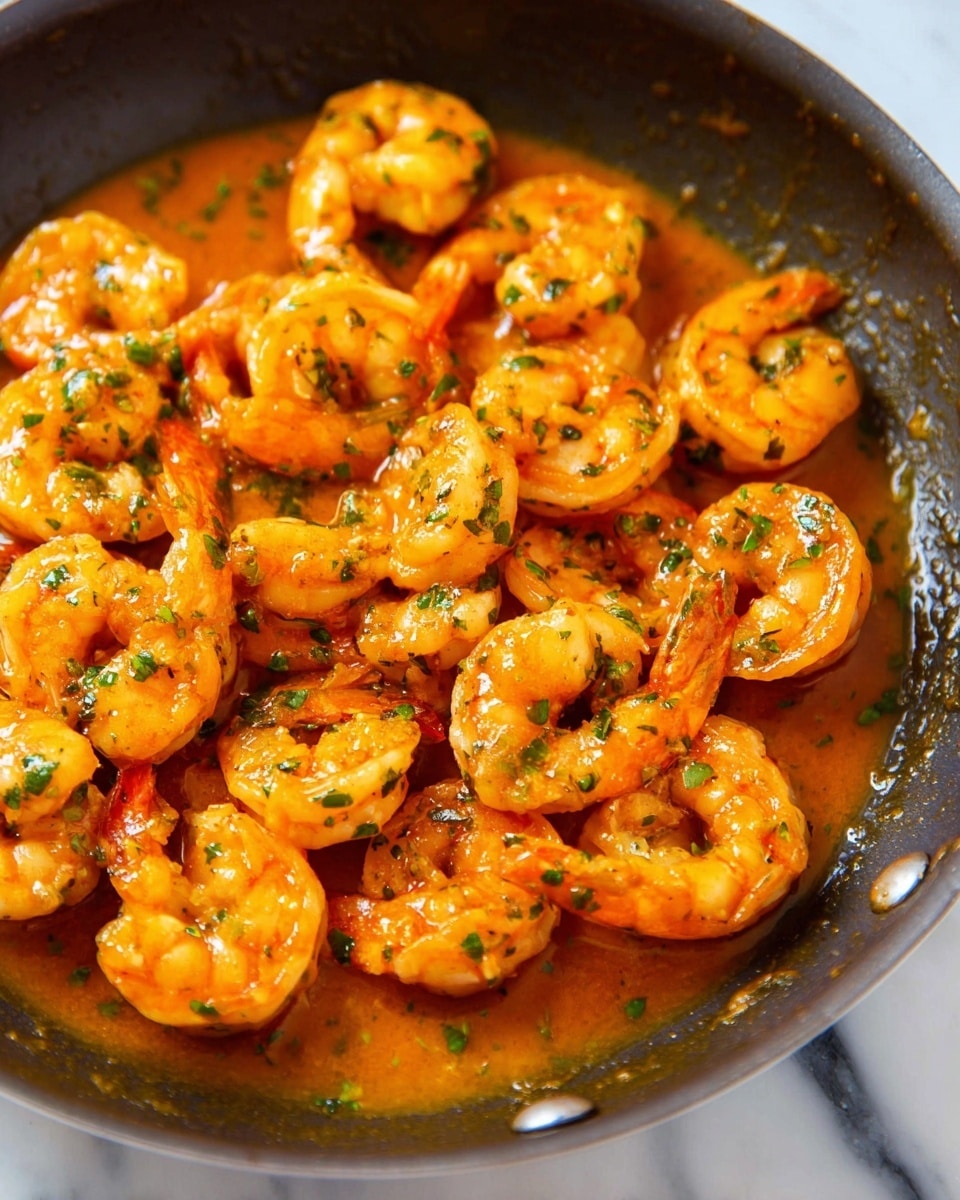 The image shows a pan full of cooked shrimp covered in an orange sauce, with small green herb pieces sprinkled all over. The shrimp are curled and have a slight shine from the sauce, giving them a moist look. The sauce pools slightly underneath the shrimp, creating a warm, inviting appearance. The pan sits on a surface with a white marbled texture. photo taken with an iphone --ar 4:5 --v 7
