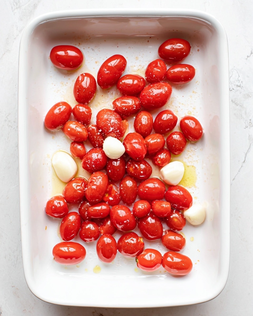 A white rectangular baking dish contains scattered small red grape tomatoes with a shiny, smooth texture; some are clustered near the center with a light sprinkling of salt visible. Two whole garlic cloves with a pale cream color are placed among the tomatoes, one near the top left and another near the bottom right. There are a few drops of olive oil lightly coating parts of the dish. The background shows a white marbled texture. photo taken with an iphone --ar 4:5 --v 7