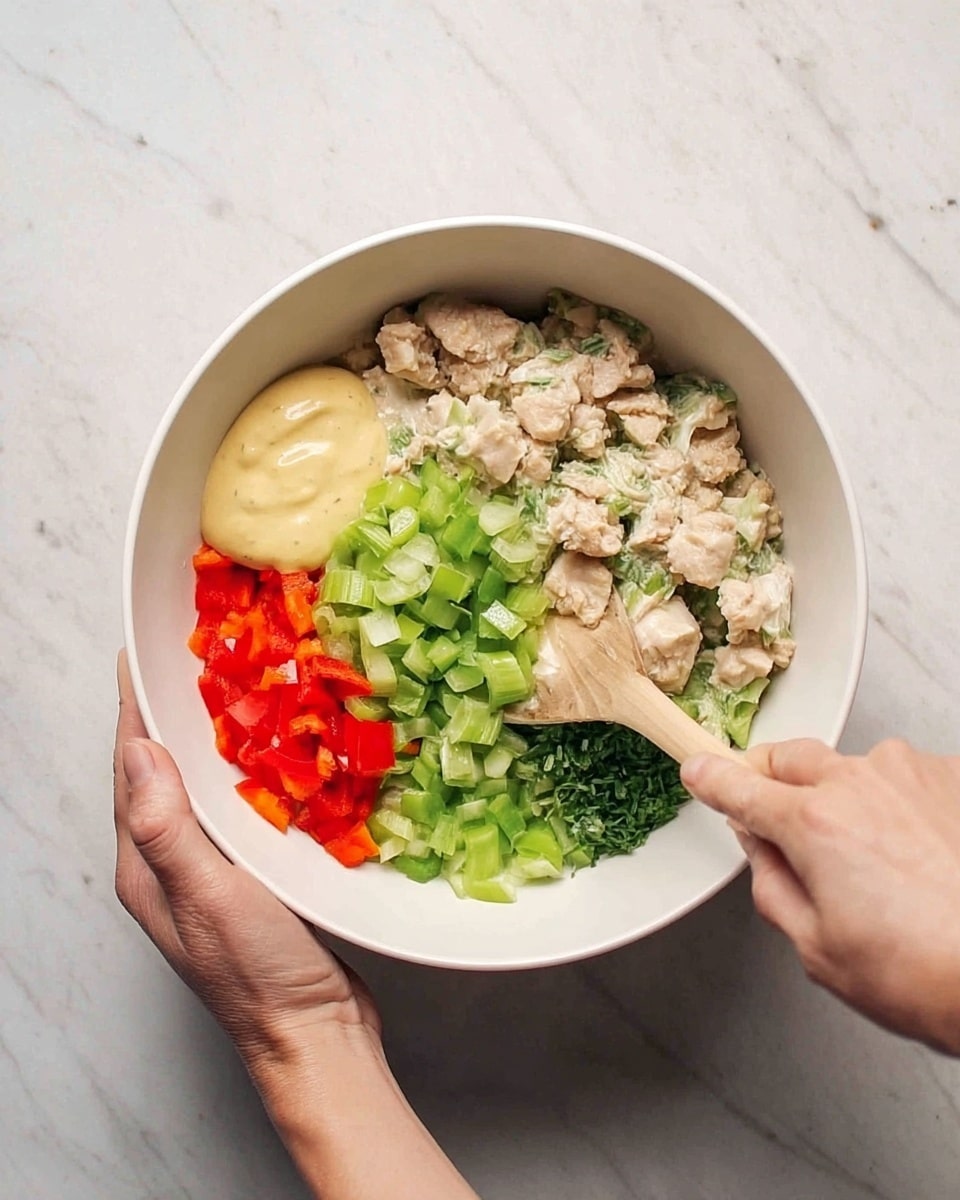 A white bowl filled with several colorful ingredients arranged in separate sections. In the top left, a pale yellow creamy sauce sits next to a beige mustard dollop. To the right, small chunks of light beige cooked meat mix with light green sliced celery and darker green fresh herbs in the center. Below, bright red chopped bell peppers add a pop of color. A woman's hand holds the bowl steady while another woman's hand stirs the contents with a light wooden spoon. The bowl is set on a white marbled surface. photo taken with an iphone --ar 4:5 --v 7