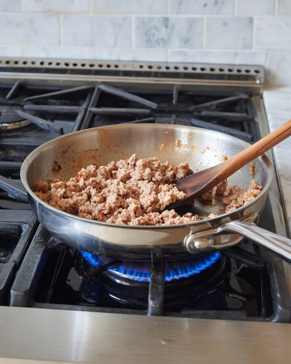 A close-up view of a shiny silver frying pan placed on a gas stove burner with blue flame visible underneath, filled with cooked ground meat that is light brown with some slightly darker and reddish bits, stirred by a wooden spoon with a long handle resting inside the pan. The stove surface next to the pan is white marbled texture, and the background shows white tiled backsplash. The metal handle of the pan is shiny and curves outward, and the pan appears well-used with some food residue around the inner edge. Photo taken with an iphone --ar 4:5 --v 7