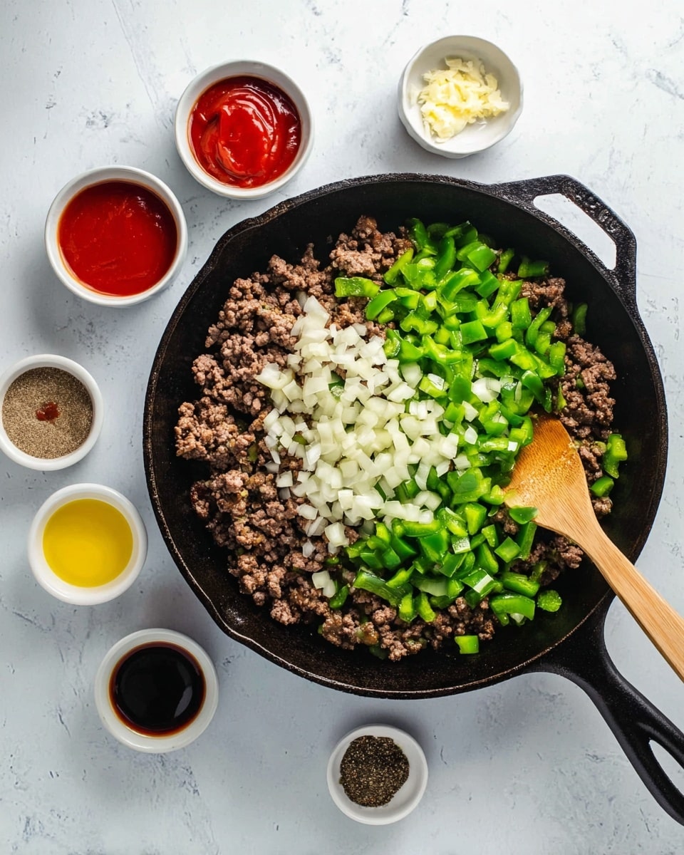 A black cast iron skillet sits on a white marbled surface, filled with three main layers: the bottom layer is browned ground meat, the second layer is chopped green bell peppers scattered evenly, and the top layer consists of diced white onions mixed throughout with a small amount of minced garlic placed near the center. A wooden spoon rests inside the skillet on the right side, partially stirring the ingredients. Around the skillet are six small white bowls, each holding different ingredients including ketchup, brown sugar, salt, yellow mustard, tomato sauce, black pepper, and a dark sauce in a cluster mostly on the right and some on the left side. The photo taken with an iphone --ar 4:5 --v 7