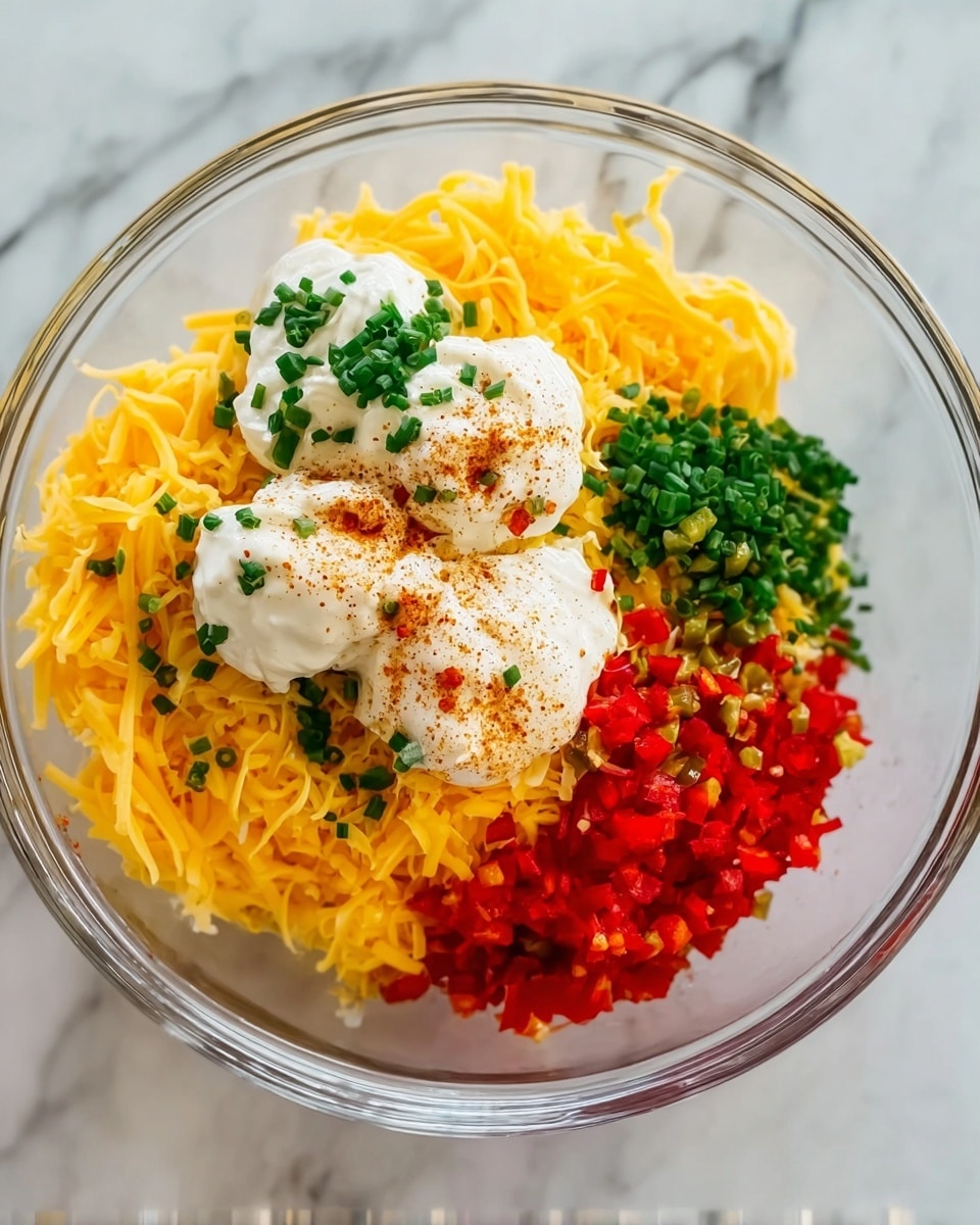 The image shows a clear glass bowl filled with several layers of ingredients on a white marbled surface. Inside the bowl, there is one side filled with bright yellow shredded cheese, sprinkled lightly with green chopped chives on top. Next to this, dollops of white sour cream or mayonnaise are placed with a sprinkling of reddish-brown seasoning on top. To the right of the white dollops, there is a pile of finely chopped red peppers. A small amount of finely chopped green peppers or jalapeños rests near the yellow cheese on the left side. The bowl contains no mixed ingredients yet, creating a vivid contrast of colors and textures in separate piles. Photo taken with an iphone --ar 4:5 --v 7