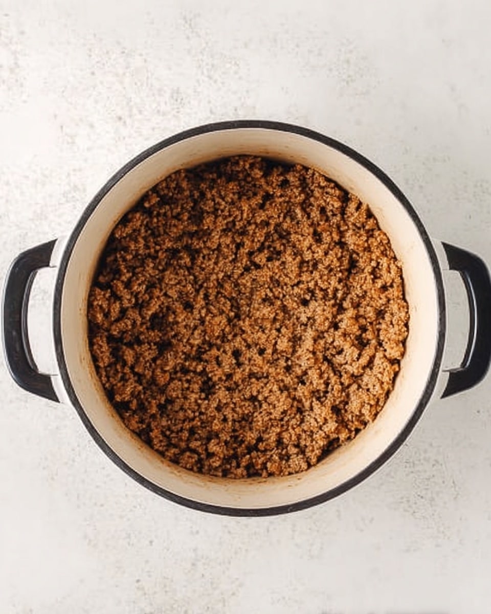 A top view of cooked ground meat inside a white pot with black handles, the meat is browned and crumbled evenly across the entire inside of the pot showing a textured, cooked surface. The pot sits on a white marbled surface, highlighting the contrast between the gently browned meat and the clean white interior of the pot. photo taken with an iphone --ar 4:5 --v 7