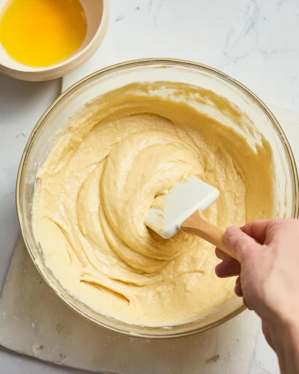 A clear glass bowl filled with thick, creamy, pale yellow batter being stirred by a woman's hand holding a spatula with a light wooden handle and white silicone blade. The batter has a smooth texture with some small lumps and is swirled around the edges of the bowl. In the background, a small white bowl with a bright yellow liquid, likely egg yolk, is partly visible on a white marbled surface. Photo taken with an iphone --ar 4:5 --v 7
