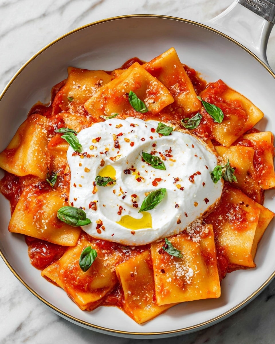 The image shows a white pan filled with large, square pasta pieces coated in bright red tomato sauce. In the center, there is a large dollop of white creamy cheese topped with small green basil leaves, a drizzle of golden olive oil, and red chili flakes scattered lightly on top. The pasta has a smooth, glossy texture, and the sauce covers each piece evenly, creating a rich contrast with the soft cheese in the middle. The whole dish sits on a white marbled surface. photo taken with an iphone --ar 4:5 --v 7