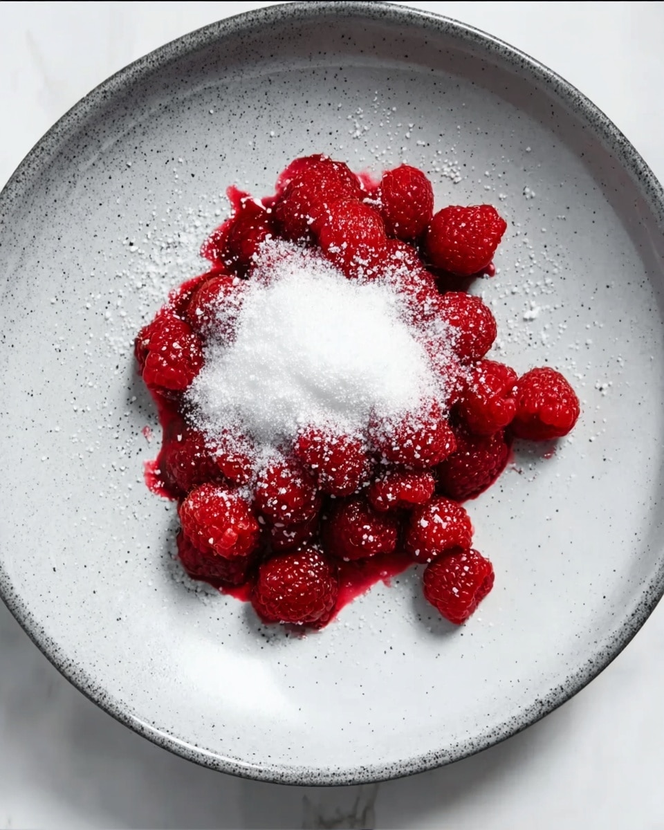 A white plate with a rough speckled gray inside holds a pile of bright red raspberries in the center. On top of the raspberries, there is a thick layer of white granulated sugar spilling slightly onto the plate. The raspberries look fresh and juicy with some juice pooling underneath. The background is a white marbled texture. photo taken with an iphone --ar 4:5 --v 7