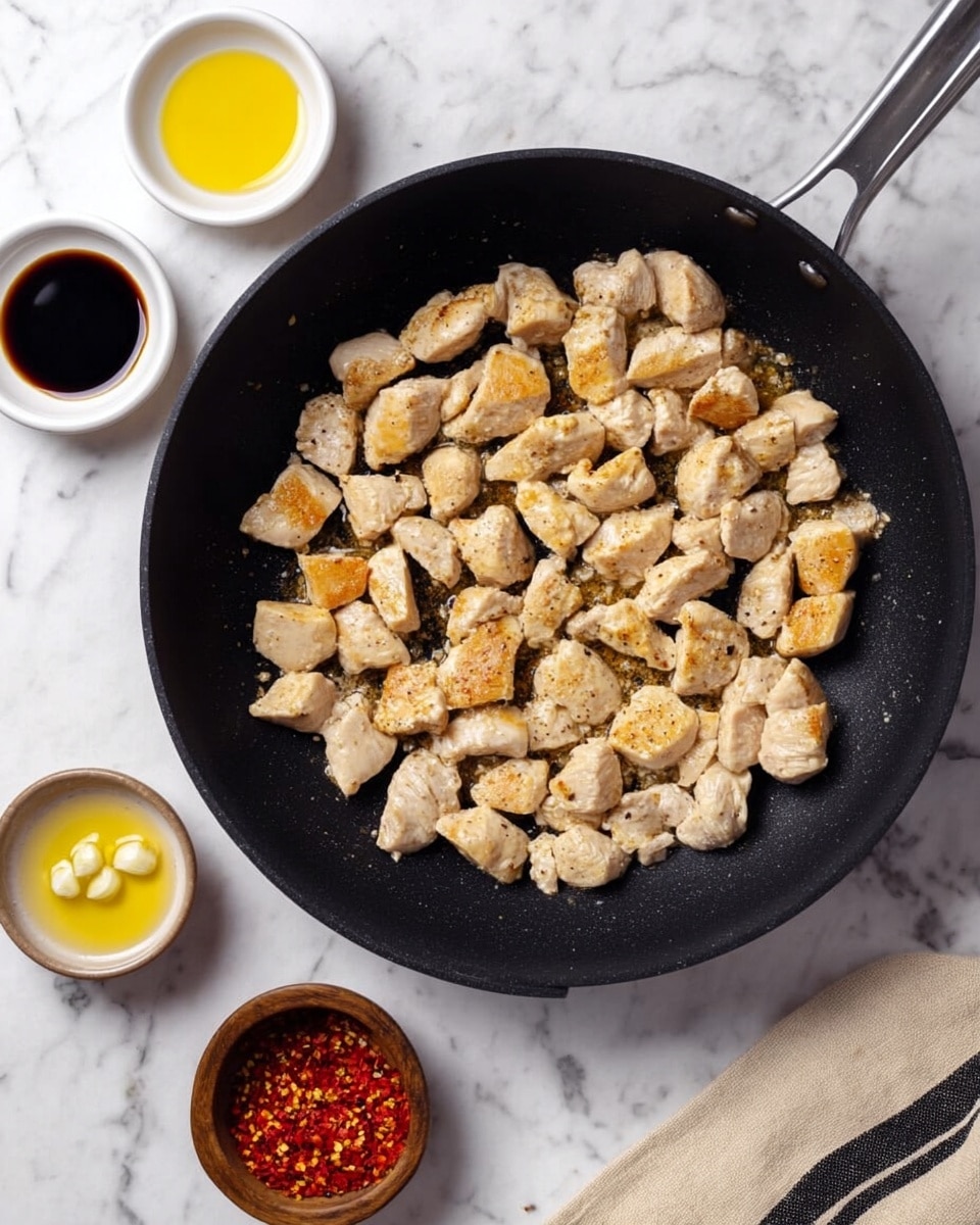 A black frying pan filled with small, light golden brown pieces of cooked chicken spread evenly inside. The chicken pieces have a slight sear on the surface showing a mix of white and golden colors with some seasoning visible. Around the pan on a white marbled surface are three small white bowls containing dark soy sauce, bright yellow oil, and red chili flakes, along with a small brown bowl filled with chopped garlic. A beige and black striped cloth is partially visible at the bottom right. photo taken with an iphone --ar 4:5 --v 7