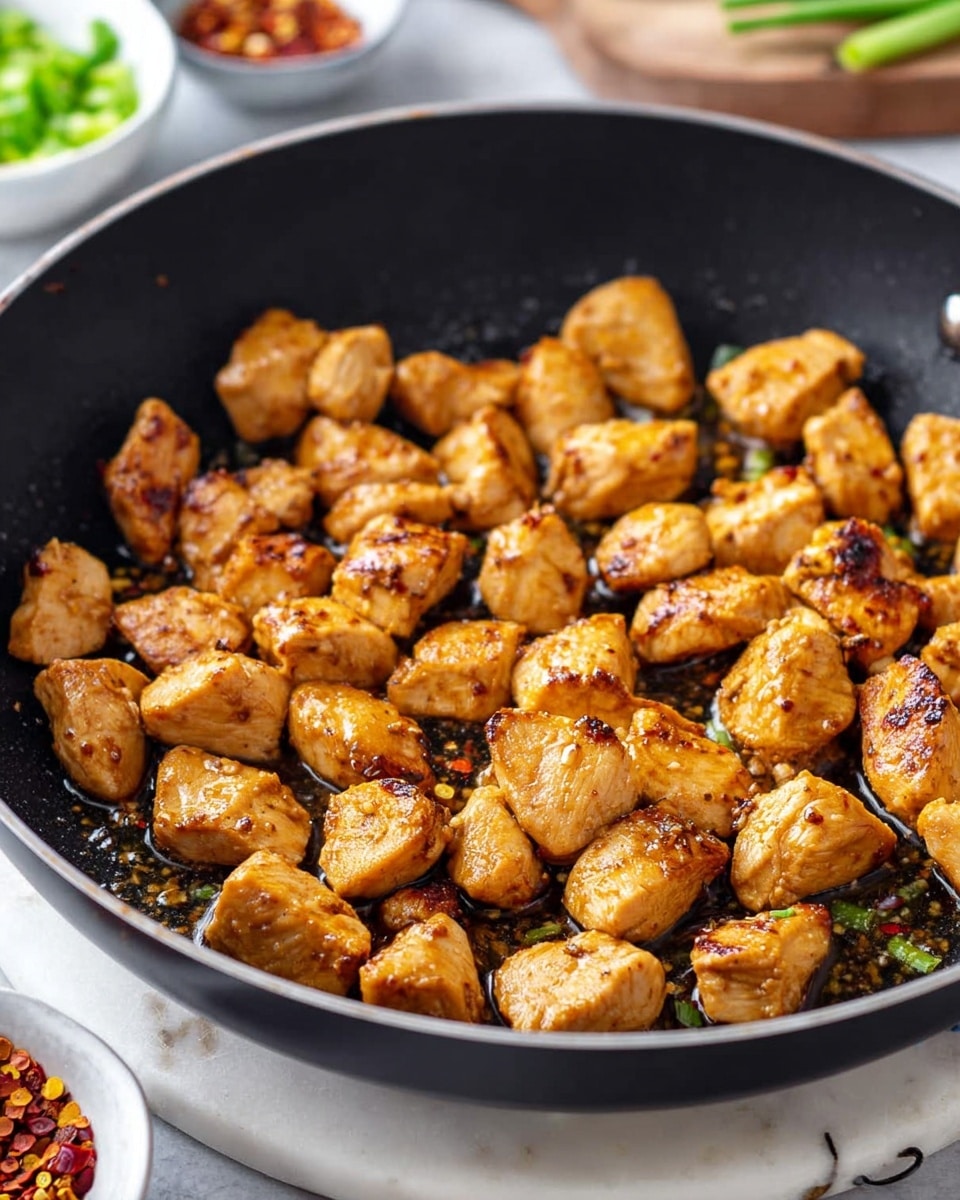 The image shows a black frying pan filled with about 30 small pieces of cooked chicken in a single layer. The chicken pieces are golden brown with some darker spots, showing they are cooked well, and each piece has a slightly shiny texture from the oil. The pan is set on a white marbled surface with hints of other dishes and spices blurred in the background, including a small bowl of red pepper flakes and some green onions. The photo is taken with an iphone --ar 4:5 --v 7