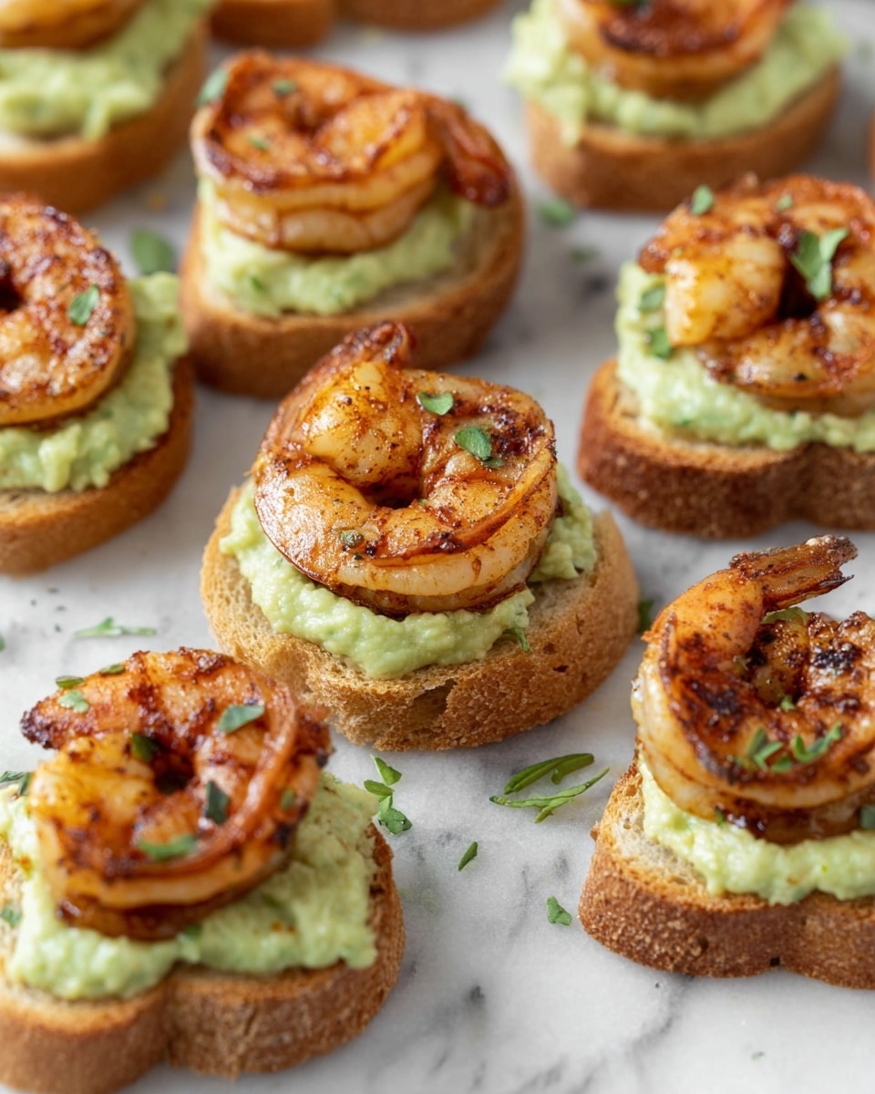 Several small open sandwiches are shown, each with three layers. The bottom layer is a toasted light brown bread slice with a slightly rough texture. The middle layer is a green, creamy spread that looks smooth and thick. The top layer has a single cooked shrimp, orange with dark char marks and bits of black pepper seasoning, curled up on each sandwich. The sandwiches sit on a white marbled surface with a few small green herb pieces scattered around. photo taken with an iphone --ar 4:5 --v 7