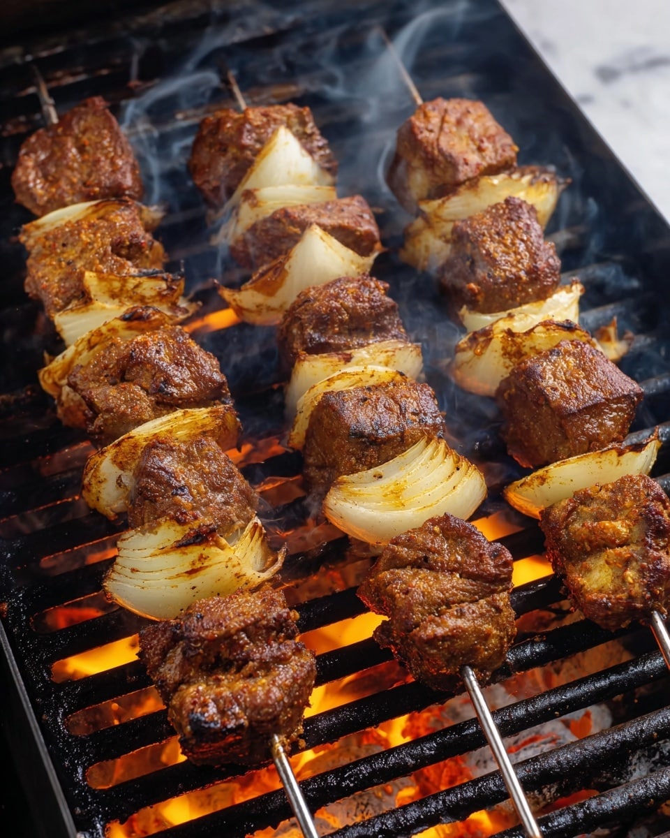 There are four metal skewers on a black grill with glowing orange flames beneath. Each skewer has alternating layers of browned, grilled meat chunks and slices of cooked onion. The meat is richly spiced and textured with a slightly charred surface, while the onion slices are pale yellow with grill marks. Light smoke rises from the grill, adding a warm, smoky feel. The background is a white marbled texture. photo taken with an iphone --ar 4:5 --v 7