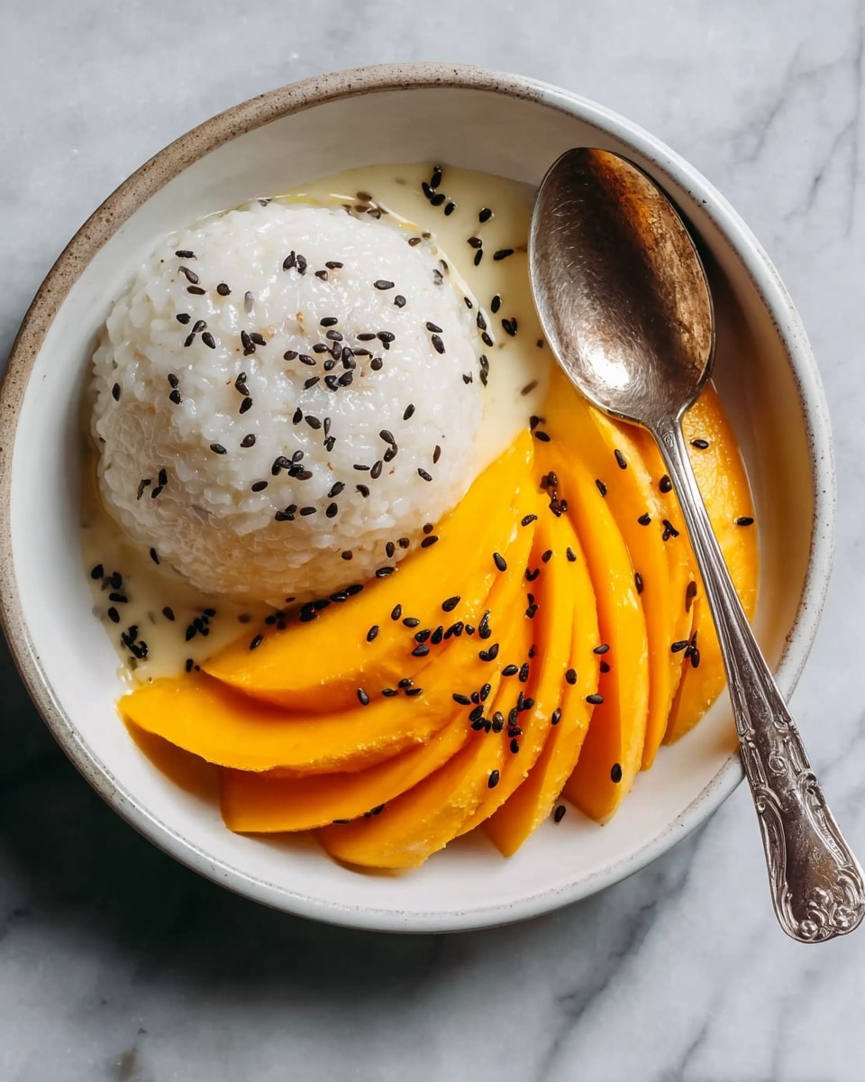 A white bowl holds a dessert with two main parts: a round mound of sticky white rice with a shiny, wet texture on the left, topped with small black sesame seeds, and five thick slices of bright orange mango neatly arranged in a row on the right, also sprinkled with black sesame seeds. A vintage silver spoon with detailed designs lies inside the bowl, resting on the edge above the mango slices. The bowl sits on a white marbled surface. photo taken with an iphone --ar 4:5 --v 7