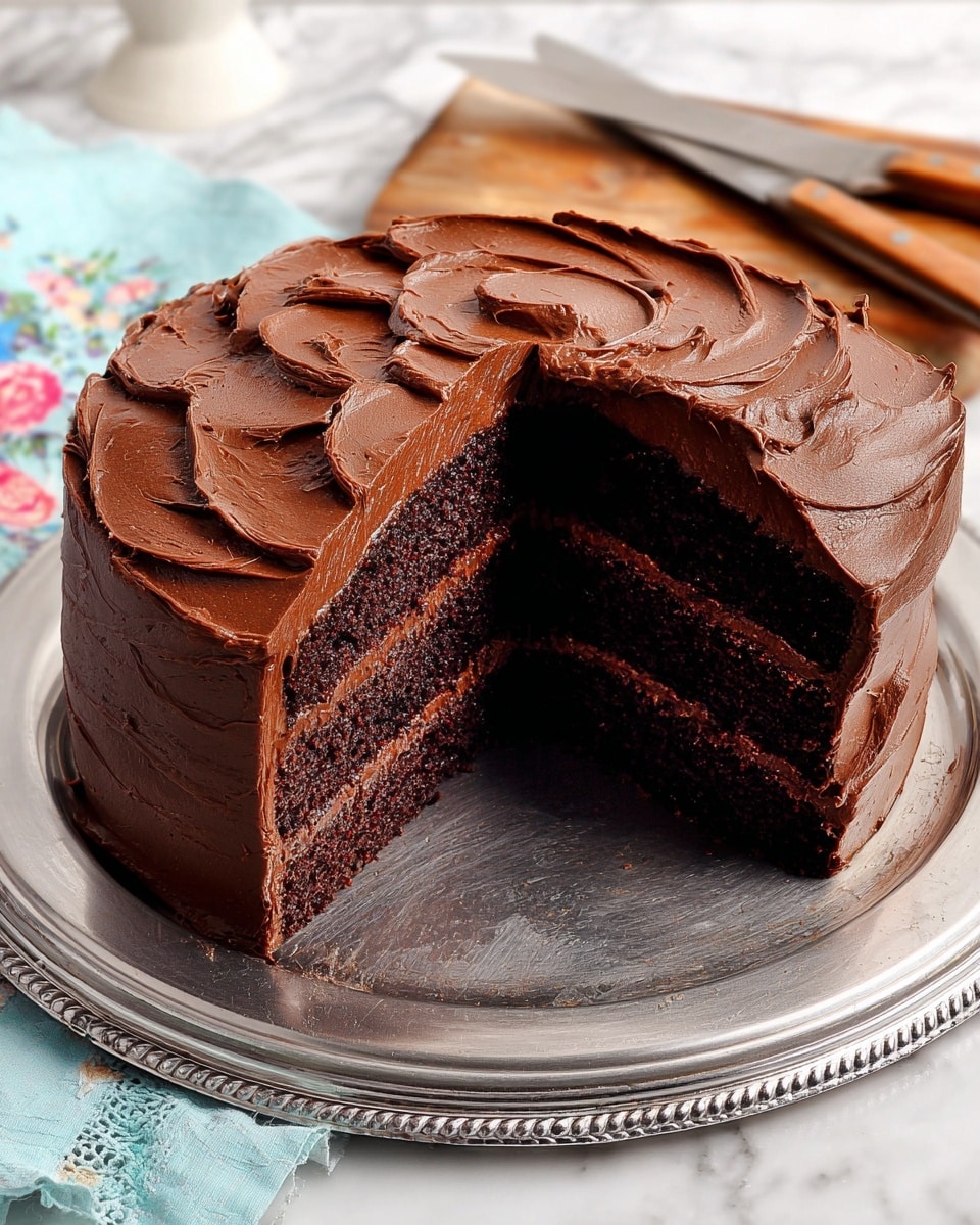 The image shows a chocolate layer cake with three layers of dark brown, soft cake separated by thick layers of smooth, darker brown chocolate frosting. The top of the cake is covered with the same rich chocolate frosting, which is spread in swirled patterns creating a textured on the surface. A slice has been removed and placed slightly away from the cake, showing the even frosting between the layers and the moist inside of the cake. The cake sits on a shiny silver round tray over a white marbled surface. In the background, there is a wooden knife handle and a blue cloth with a floral edge. Photo taken with an iphone --ar 4:5 --v 7