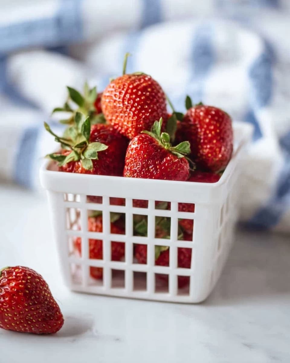 A small white square basket filled with whole red strawberries showing small seeds and green leafy tops, some strawberries positioned with green stems facing upward. Two loose strawberries lie on the white marbled surface near the basket. The background is soft with blurred white and blue towel patterns, creating a fresh and clean look. Photo taken with an iphone --ar 4:5 --v 7