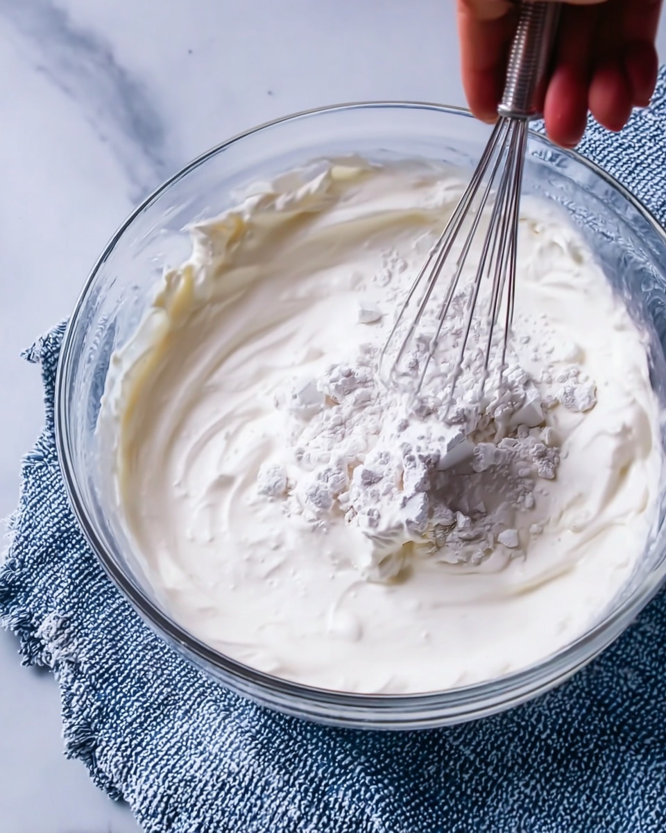 The image shows a clear glass bowl filled with a thick white mixture being stirred with a whisk and a spoon. On top of the whipped white creamy layer, some white powder is being added in clumps. A woman's hand holding the spoon is visible at the top, gently dropping the powder into the mixture. The bowl sits on a white marbled surface covered partly by a blue and white textured cloth. The colors are soft with the white mixture and powder dominating the scene, while the clear glass bowl reflects light subtly. photo taken with an iphone --ar 4:5 --v 7