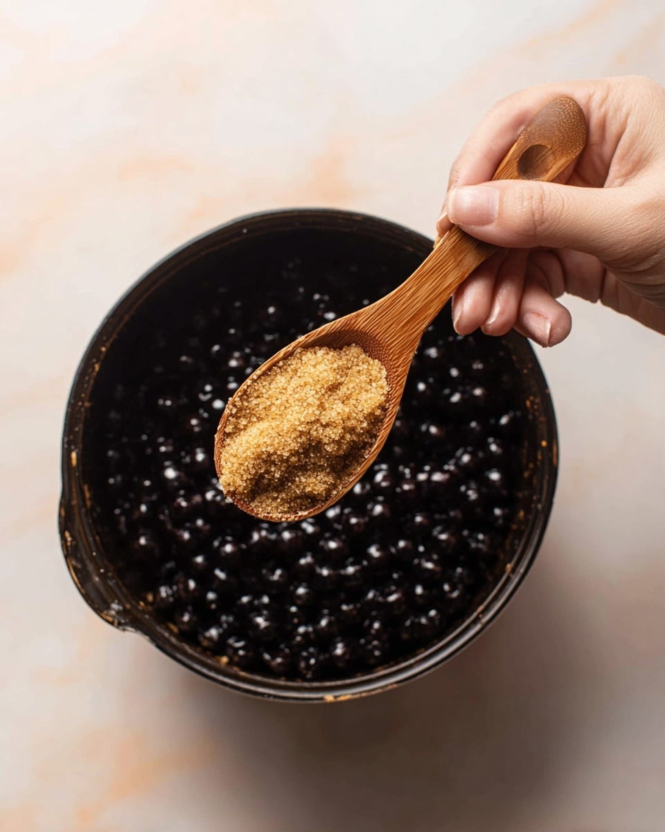 A close-up image shows a woman's hand holding a wooden spoon filled with light brown sugar above a black pot containing shiny black tapioca pearls. The tapioca pearls fill the pot's base, appearing wet and glossy, while the wooden spoon with the grainy textured sugar is positioned just above the pot at the center. The background is a white marbled surface with soft light and subtle shadows. Photo taken with an iphone --ar 4:5 --v 7