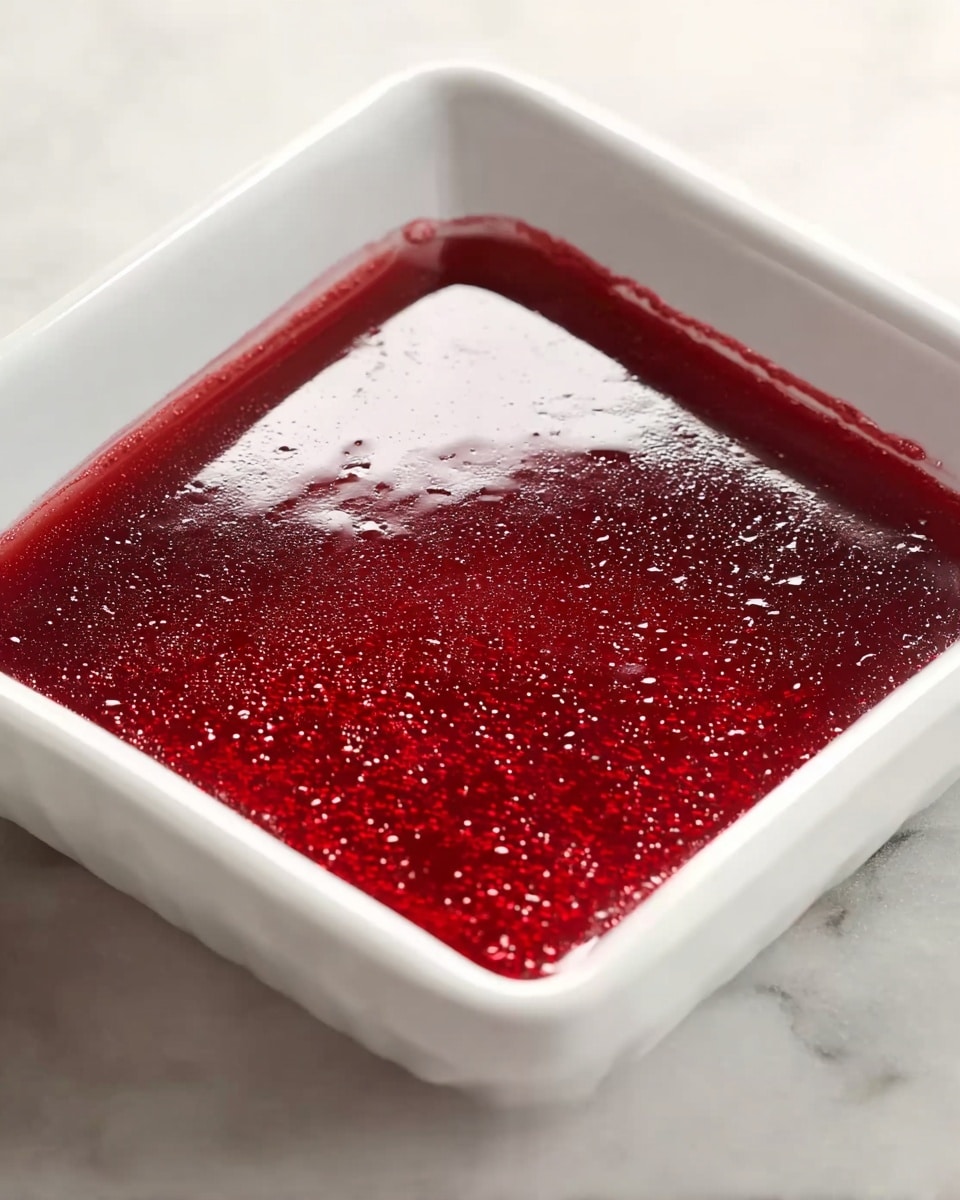 This image shows a close-up of a smooth, shiny, deep red jelly layer that fills a white square dish. The jelly has a glossy surface with tiny bubbles visible throughout, creating a slightly textured look. The white dish sits on a white marbled surface, and soft natural light highlights the jelly's reflective quality. There is one layer of jelly, evenly spread out, with its edges touching the sides of the dish photo taken with an iphone --ar 4:5 --v 7