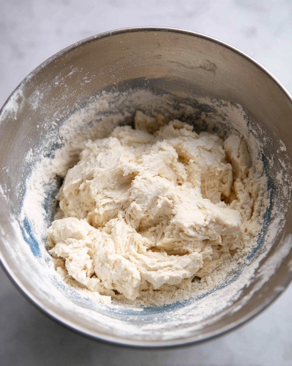 A close-up of a silver mixing bowl filled with rough, sticky dough that is pale cream in color, with uneven lumps and some loose flour sprinkled on top, sitting on a white marbled surface. The dough appears to be in the early stages of mixing, with parts still dry and powdery while other parts are wet and clumped together. The inside sides of the bowl show some flour residue. Photo taken with an iphone --ar 4:5 --v 7