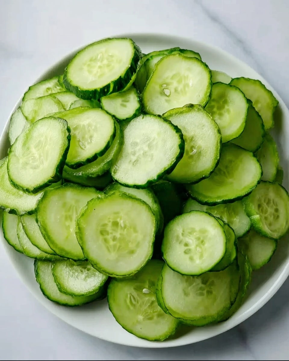 A white plate filled with many slices of cucumber arranged in a loose pile. Each cucumber slice is round with light green flesh and dark green skin, showing small white seeds in the center. The slices overlap each other, creating texture with smooth and slightly shiny surfaces. The plate rests on a white marbled surface. Photo taken with an iphone --ar 4:5 --v 7