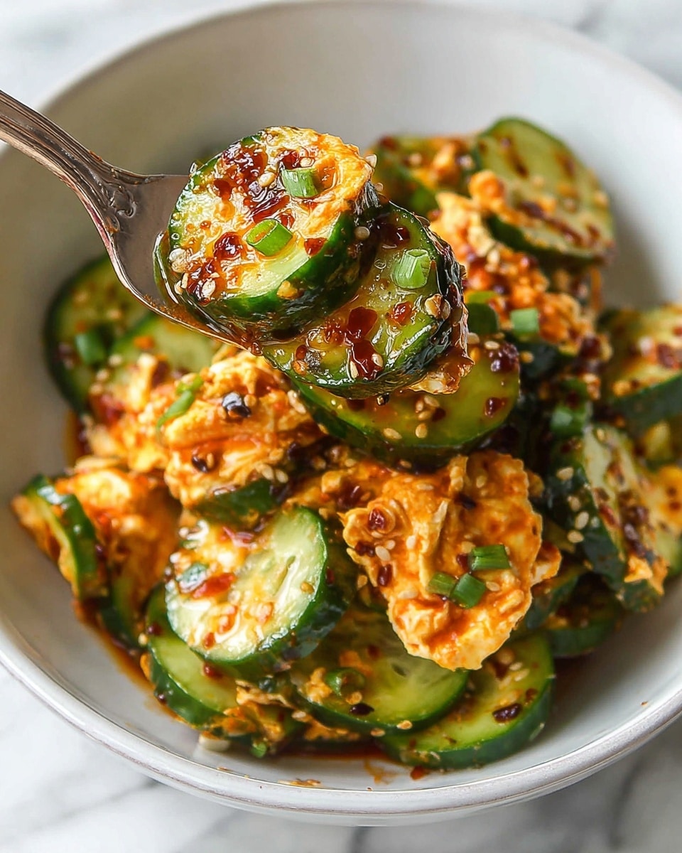 A fork holds a bite of a dish made of green cucumber slices with dark edges layered with soft, light orange cooked eggs mixed with green chopped spring onions. The cucumber slices are shiny and coated in a dark reddish-brown sauce with some seeds visible. The background shows a white bowl filled with more of the same mixture on a white marbled surface. The overall texture looks moist and fresh. Photo taken with an iphone --ar 4:5 --v 7