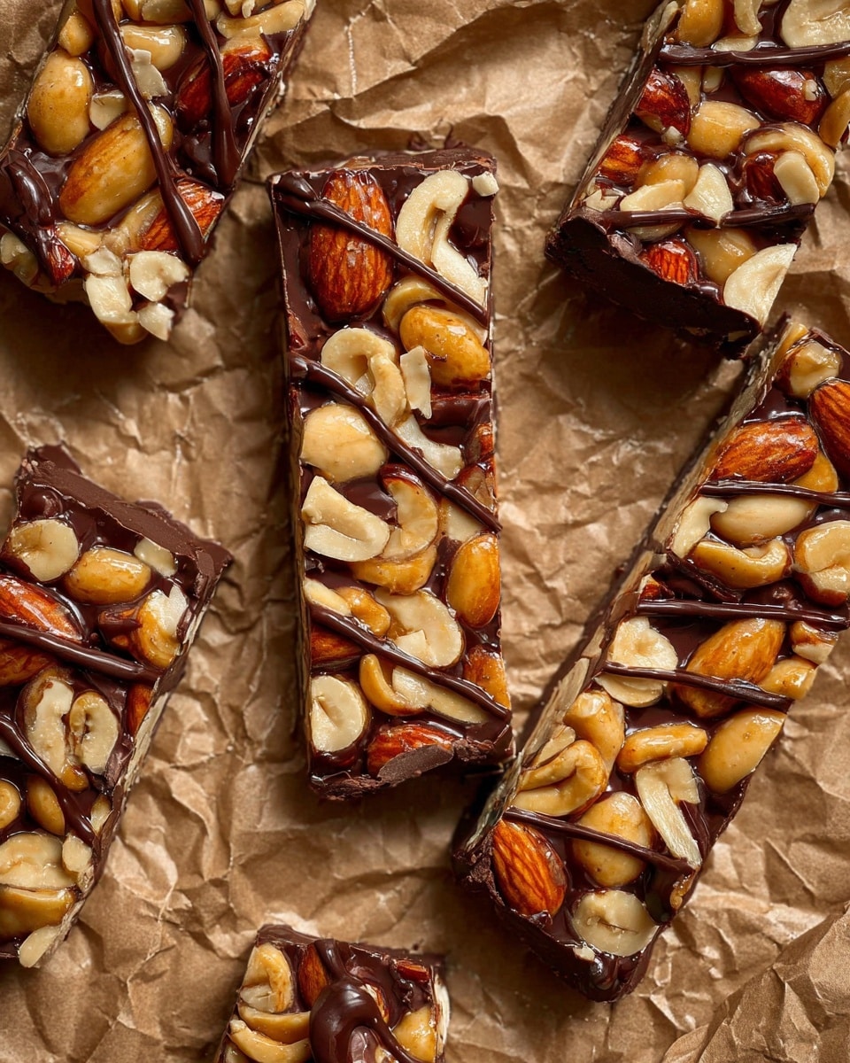 The image shows several nut bars placed close together on crumpled brown paper, each bar having three visible layers. The bottom layer is a smooth dark chocolate base, forming a solid dark brown foundation. The middle layer is made up of whole almonds and peanuts in a shiny caramel glaze, giving a mix of light beige, golden, and reddish-brown colors with a glossy texture. The top layer consists of thin dark chocolate drizzles softly spread over the nuts in uneven lines, adding a rich dark contrast. The bars are rectangular and arranged in a slightly scattered, casual way on the paper. photo taken with an iphone --ar 4:5 --v 7