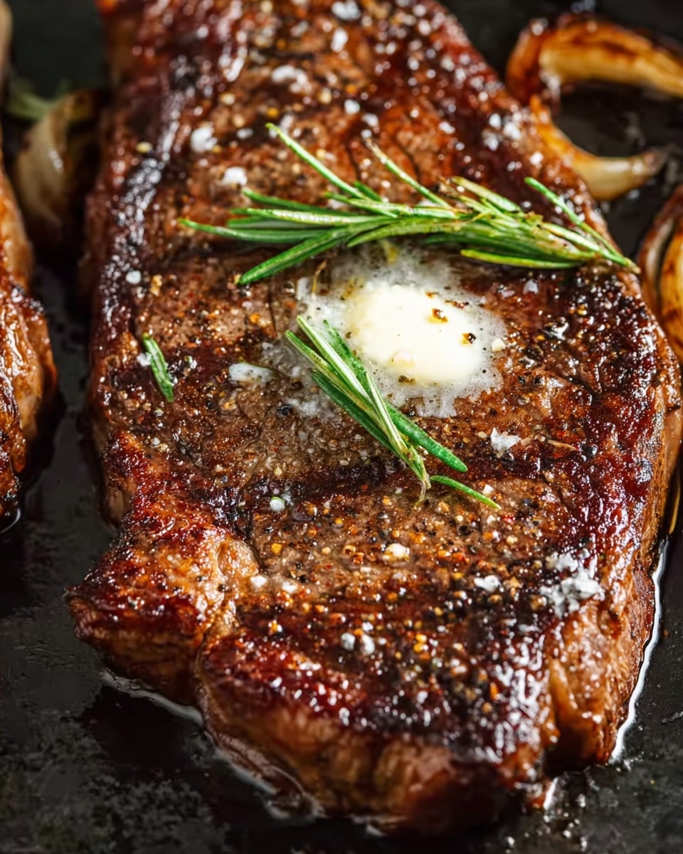 A close-up of a brown grilled steak with a glossy, slightly charred texture covered in coarse black pepper and salt, topped with a small melting pat of white butter at the center and two green rosemary sprigs resting on it. The steak is on a dark surface with some brown caramelized onion slices scattered around. The image is sharp, showing the juicy steak details. Photo taken with an iphone --ar 4:5 --v 7