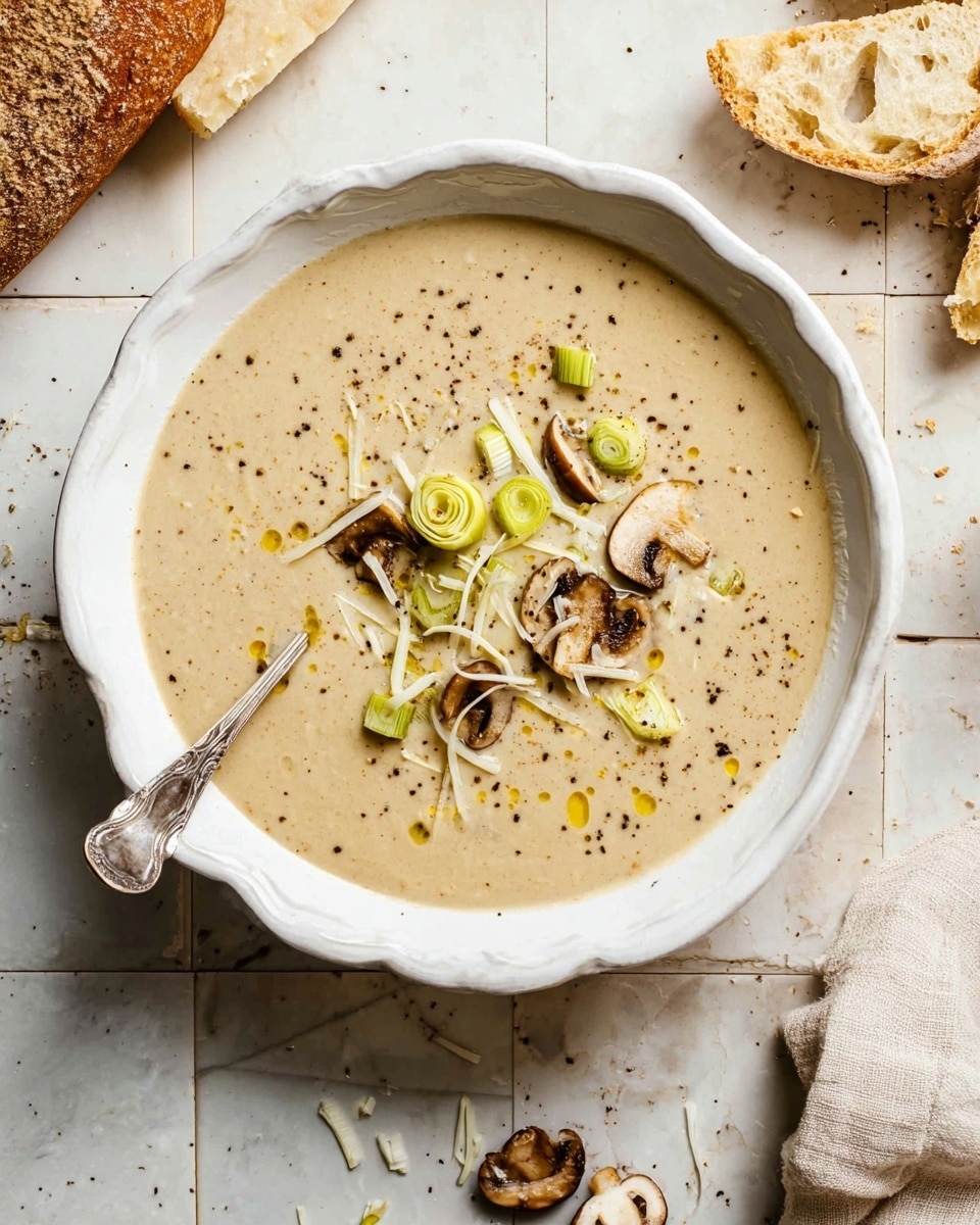 A creamy beige soup fills a white scalloped bowl, smooth in texture and topped with small slices of light green leeks, halved brown mushrooms, and thin white shredded cheese. The soup is also sprinkled lightly with cracked black pepper and a small drizzle of golden oil, giving it a glossy finish. A silver spoon rests inside the bowl, on a white marbled tiled surface, with pieces of crusty bread and a beige cloth napkin nearby. Photo taken with an iphone --ar 4:5 --v 7
