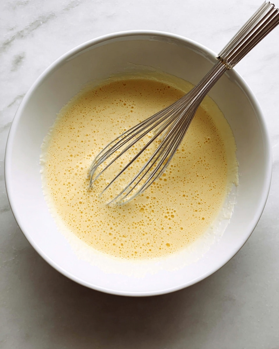 A white bowl filled with a smooth, light yellow batter that has many small bubbles on its surface. Inside the bowl, there is a silver metal whisk partly dipped into the batter, with some batter clinging to its wires. The bowl is placed on a white marbled surface, showing a clean and bright kitchen setting. photo taken with an iphone --ar 4:5 --v 7