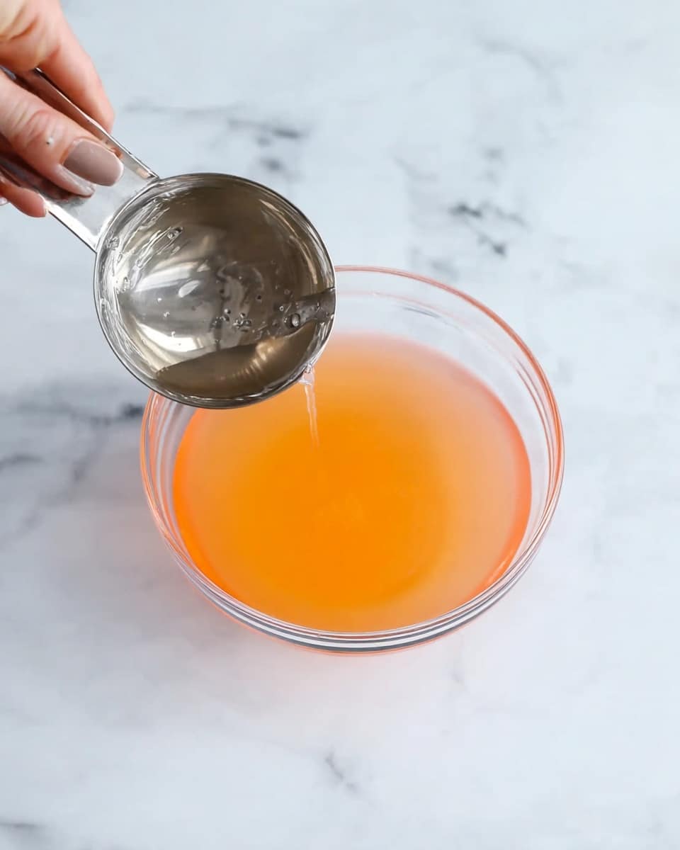 A clear glass bowl with an orange liquid inside sits on a white marbled surface. Next to the bowl, a woman's hand holds a metal measuring cup filled with water, slightly above the surface, pouring or ready to pour its contents into the bowl. The liquid in the bowl is smooth and evenly colored, showing a soft gradient from the edges to the center. photo taken with an iphone --ar 4:5 --v 7