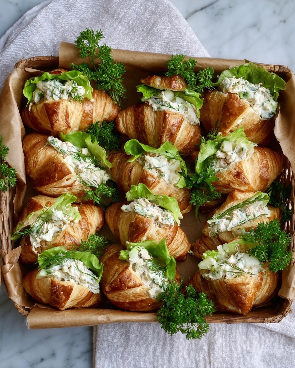A basket lined with brown paper holds twelve small croissant sandwiches arranged neatly in rows. Each croissant is golden brown with a shiny, flaky texture, sliced open to reveal a creamy white filling mixed with green herbs and small bits of light green celery or lettuce. Bright green leafy lettuce peeks out from inside each sandwich, adding a fresh touch. Sprigs of curly parsley are scattered between the sandwiches, creating pops of vibrant green color. The basket sits on a white marbled surface with a soft white cloth partially visible under it. photo taken with an iphone --ar 4:5 --v 7